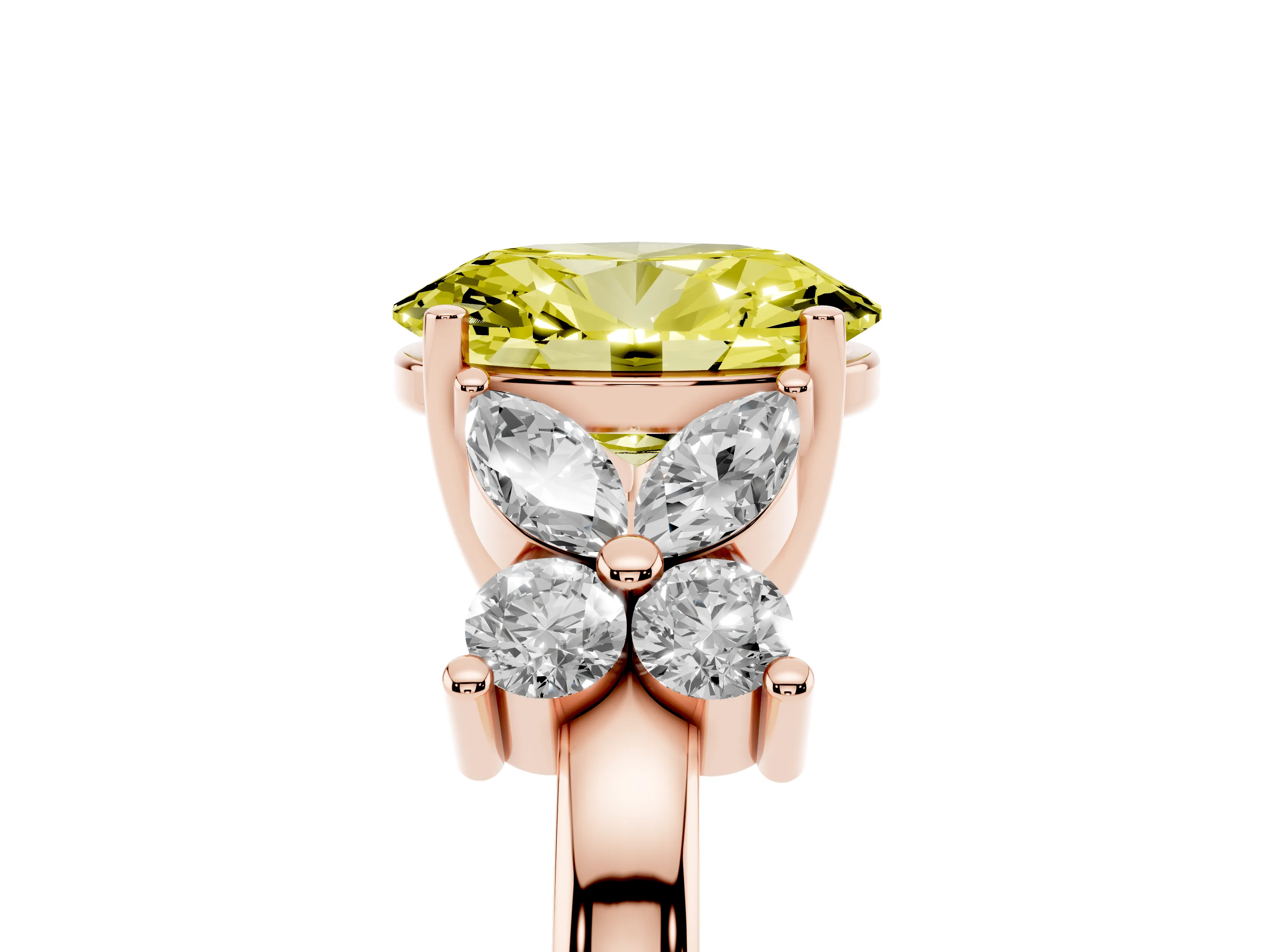 Fancy Yellow Oval Cut Diamond Floral Cluster Ring Set in Rose gold with Marquise Petals and Prong Setting