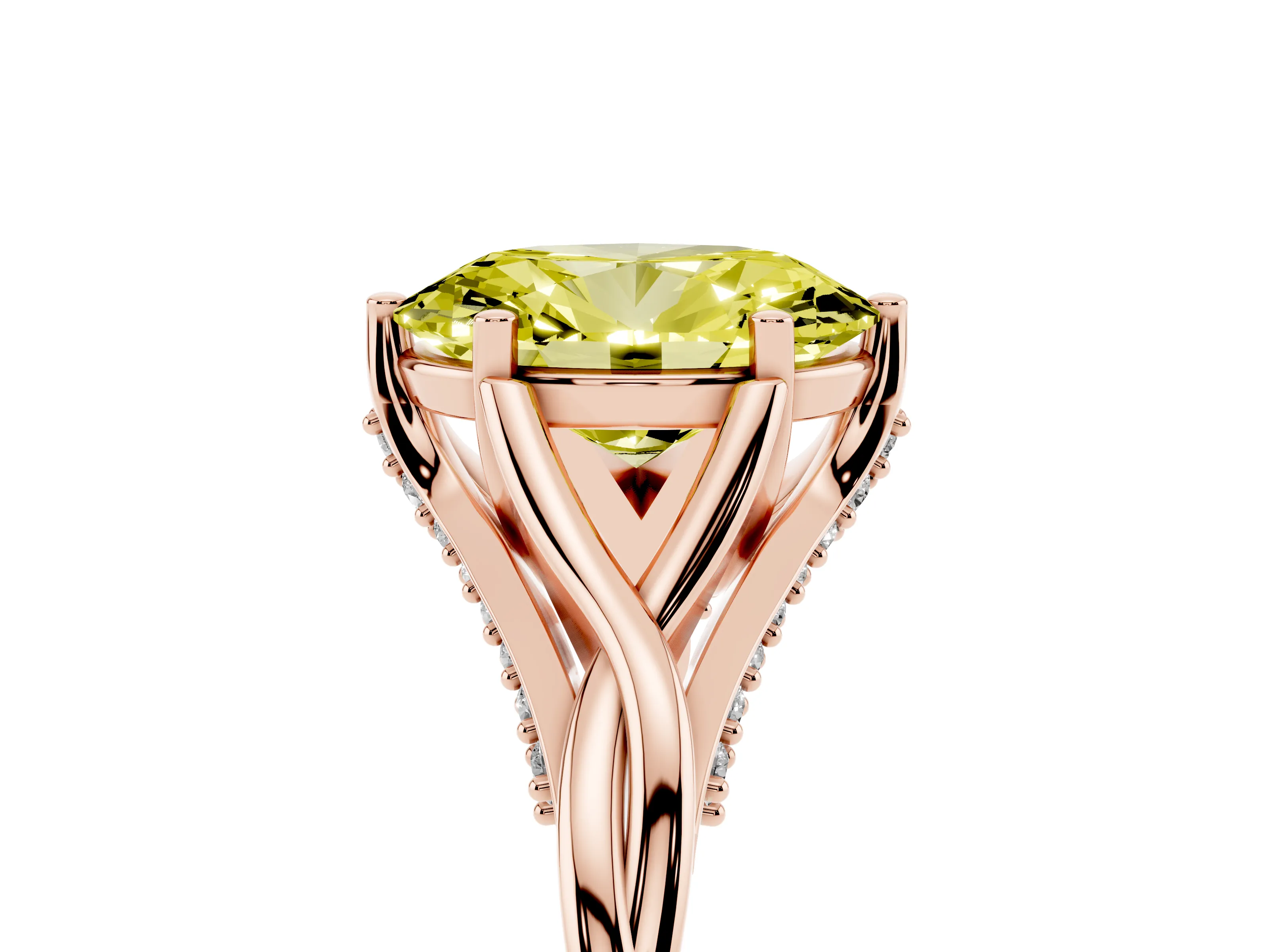 Fancy Yellow Oval Cut Diamond Intertwined Twist Band Solitaire Ring Set in Rose gold with Prong Setting