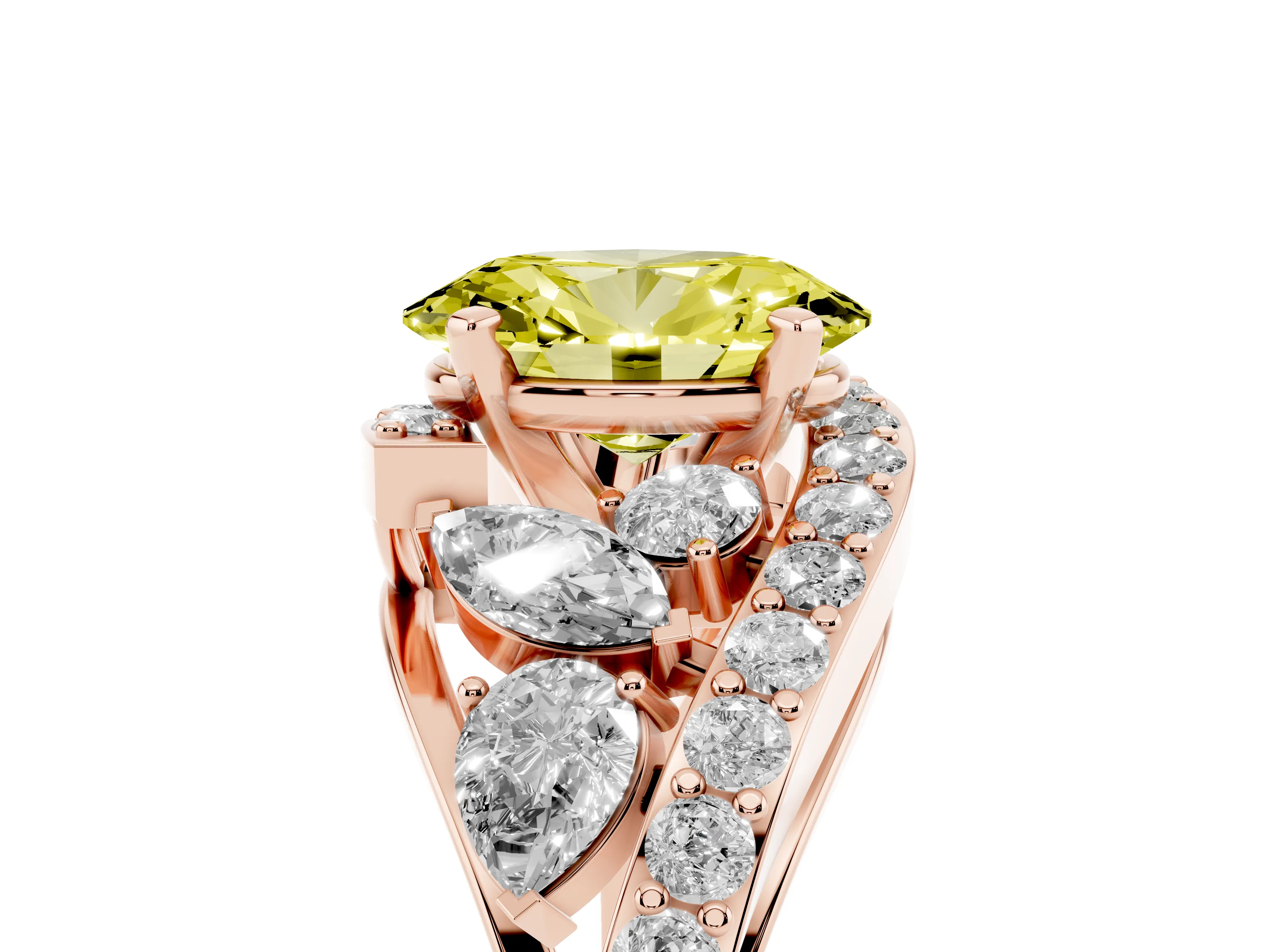 Fancy Yellow Oval Cut Diamond Halo Ring Set in Rose gold with Marquise and Pavé Band in Prong Setting