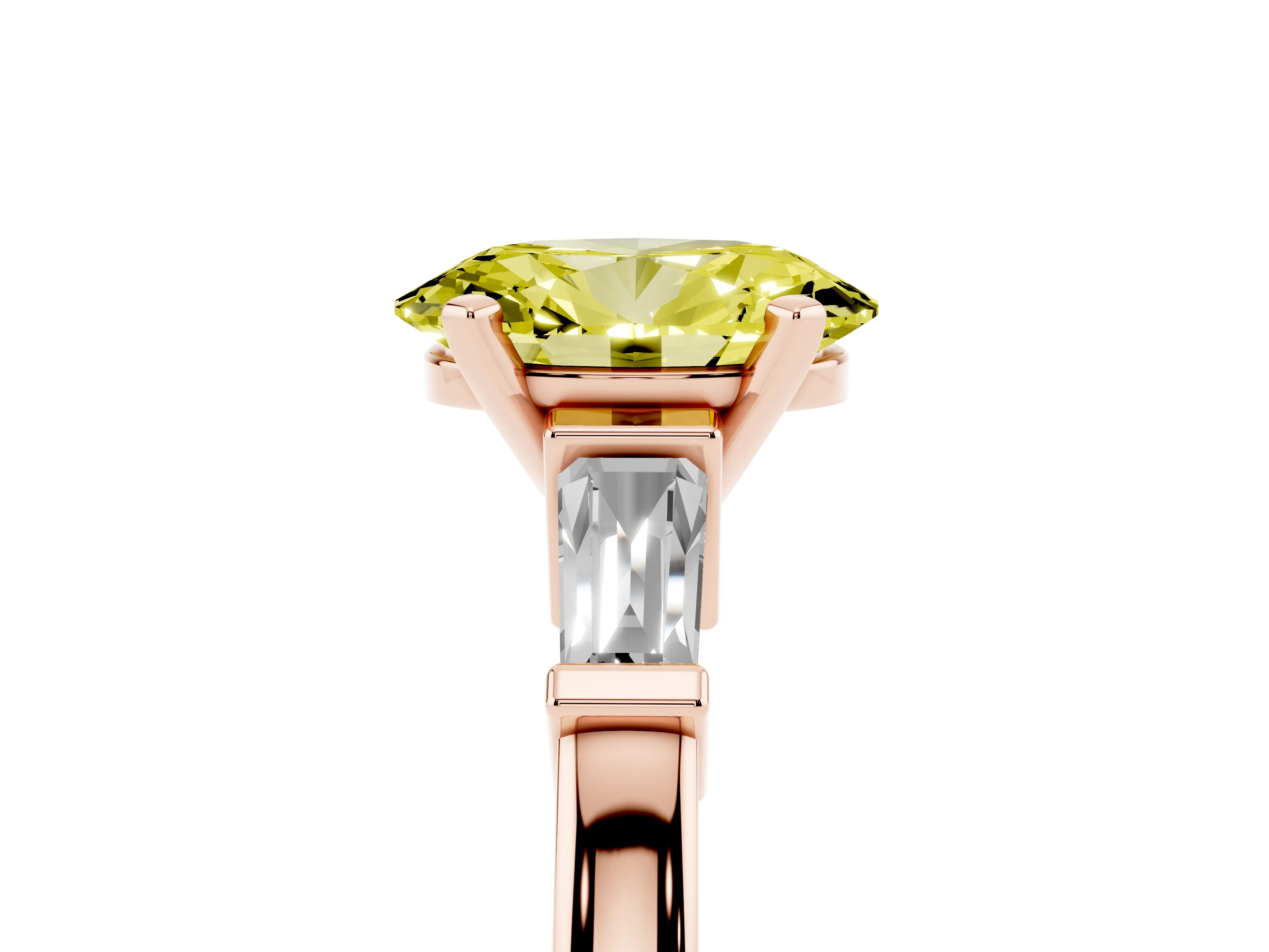 Fancy Yellow Oval Cut Diamond Solitaire Ring Set in Rose gold with Tapered Baguette Accents and Prong Setting