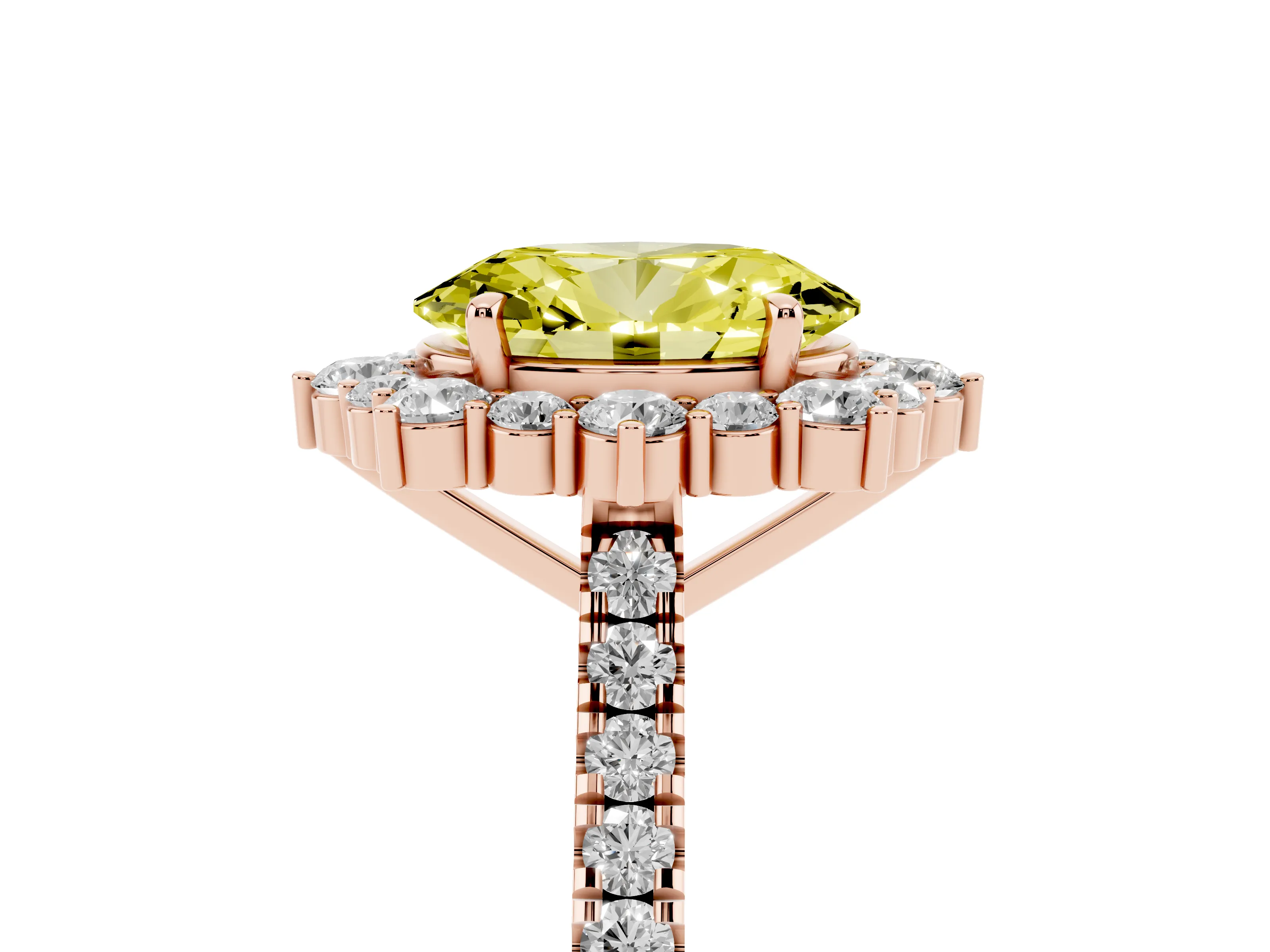 Fancy Yellow Oval Cut Diamond Halo Ring Set in Rose gold with Pavé Band and Prong Setting