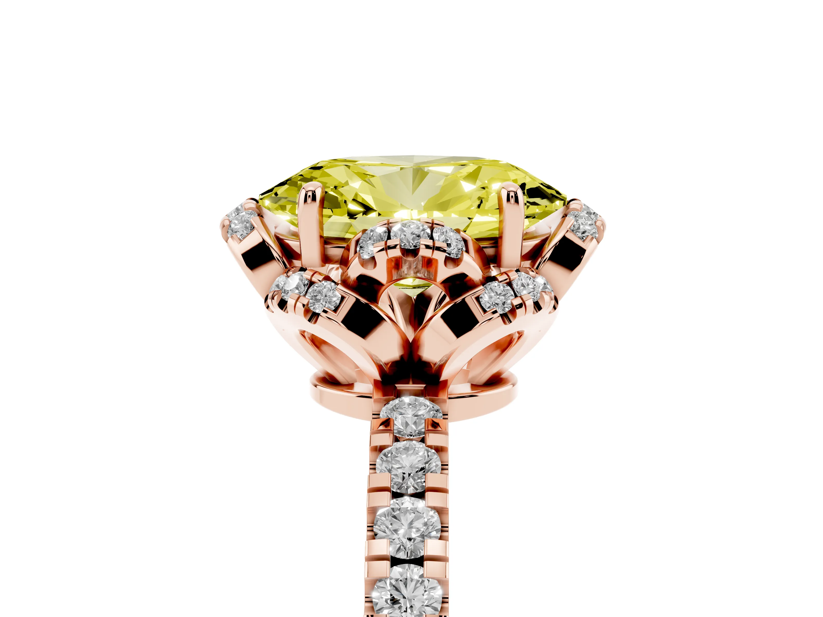 Fancy Yellow Oval Cut Diamond Halo Pavé Band Ring Set in Rose gold with Prong-Held Center