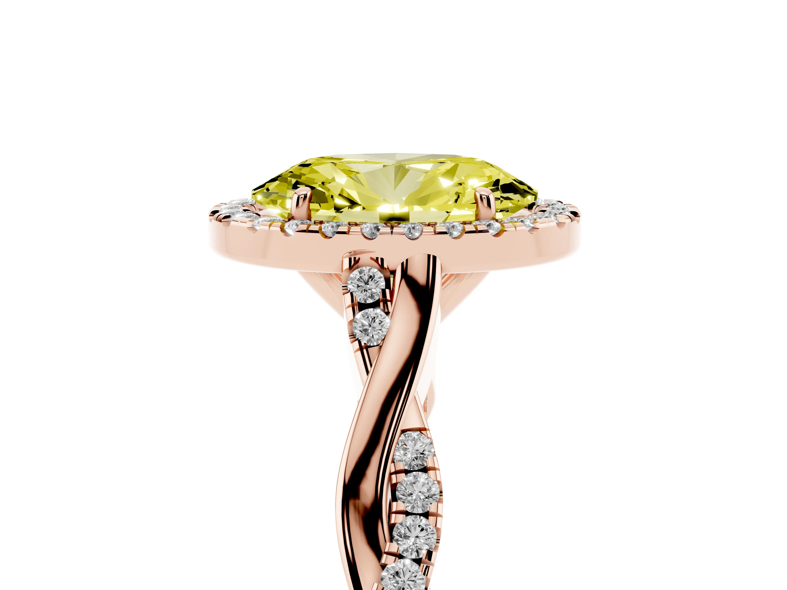 Fancy Yellow Oval Cut Diamond Halo Twist Band Solitaire Ring Set in Rose gold with Prong Setting