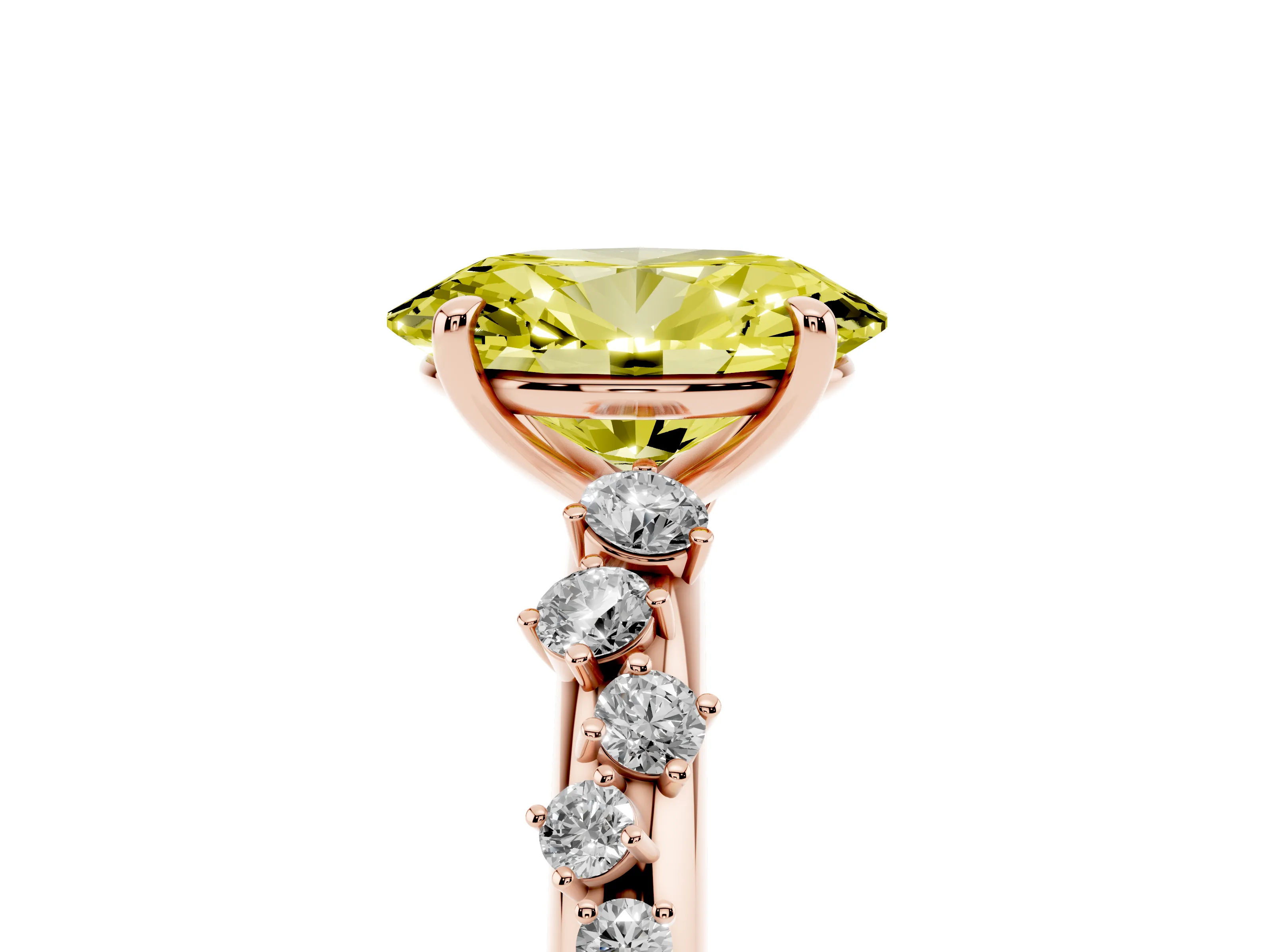 Fancy Yellow Oval Cut Diamond Cluster Solitaire Ring Set in Rose gold with Prong Setting