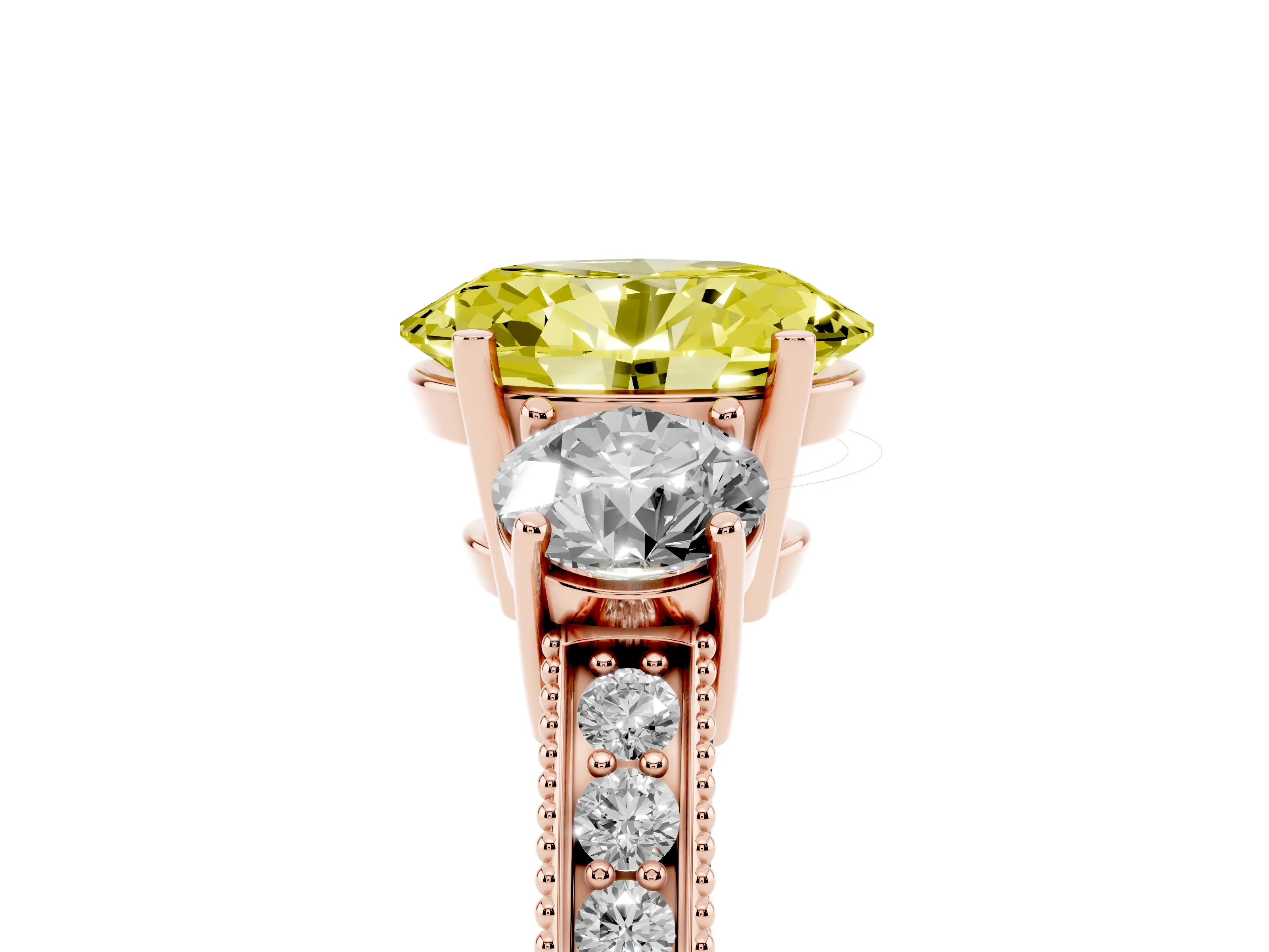 Fancy Yellow Oval Cut Diamond Three-Stone Ring Set in Rose gold with Round Side Stones and Pavé Band