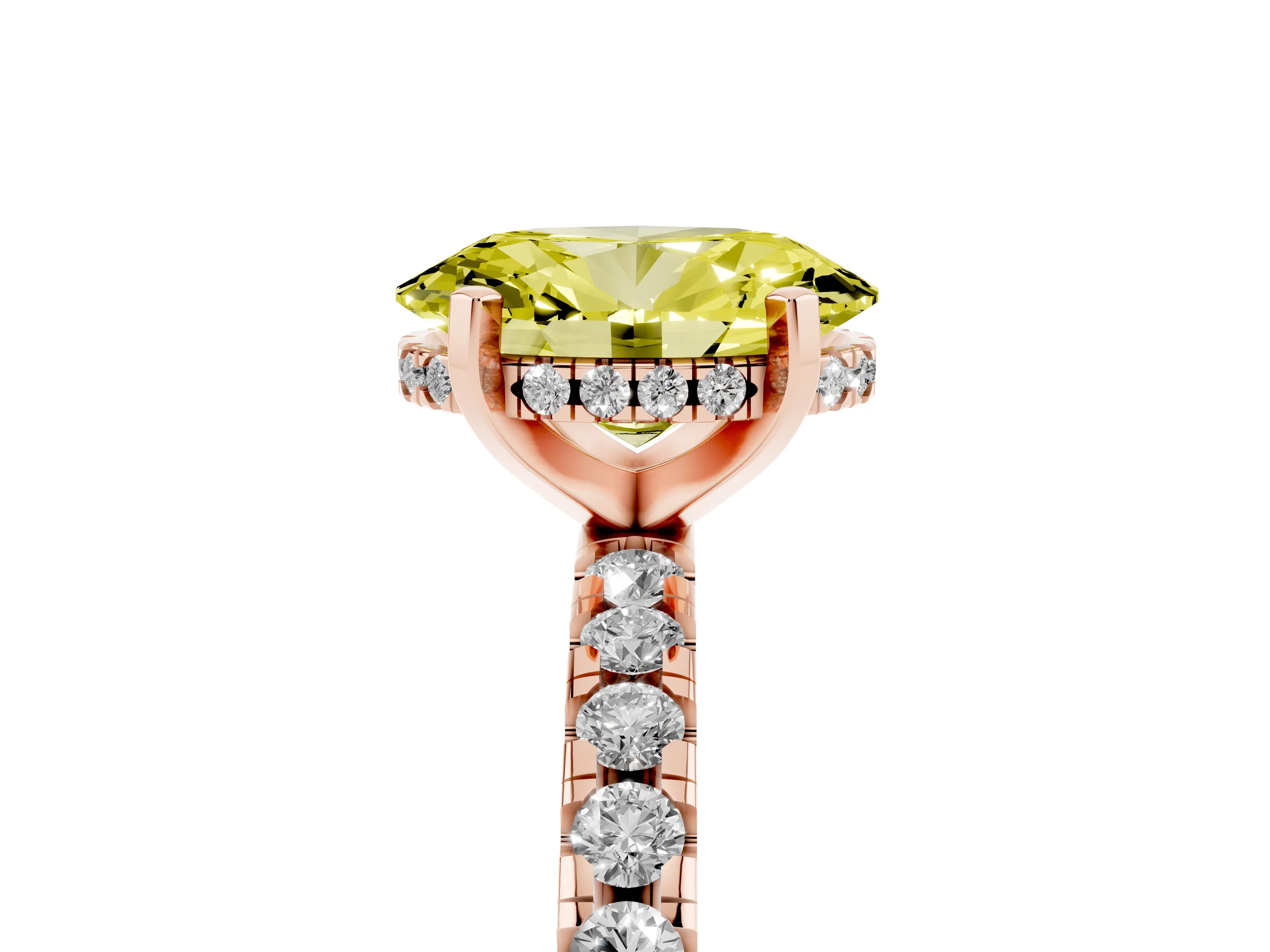 Fancy Yellow Oval Cut Diamond Pavé Solitaire Ring Set in Rose gold with Round Band Accents and Prong Setting