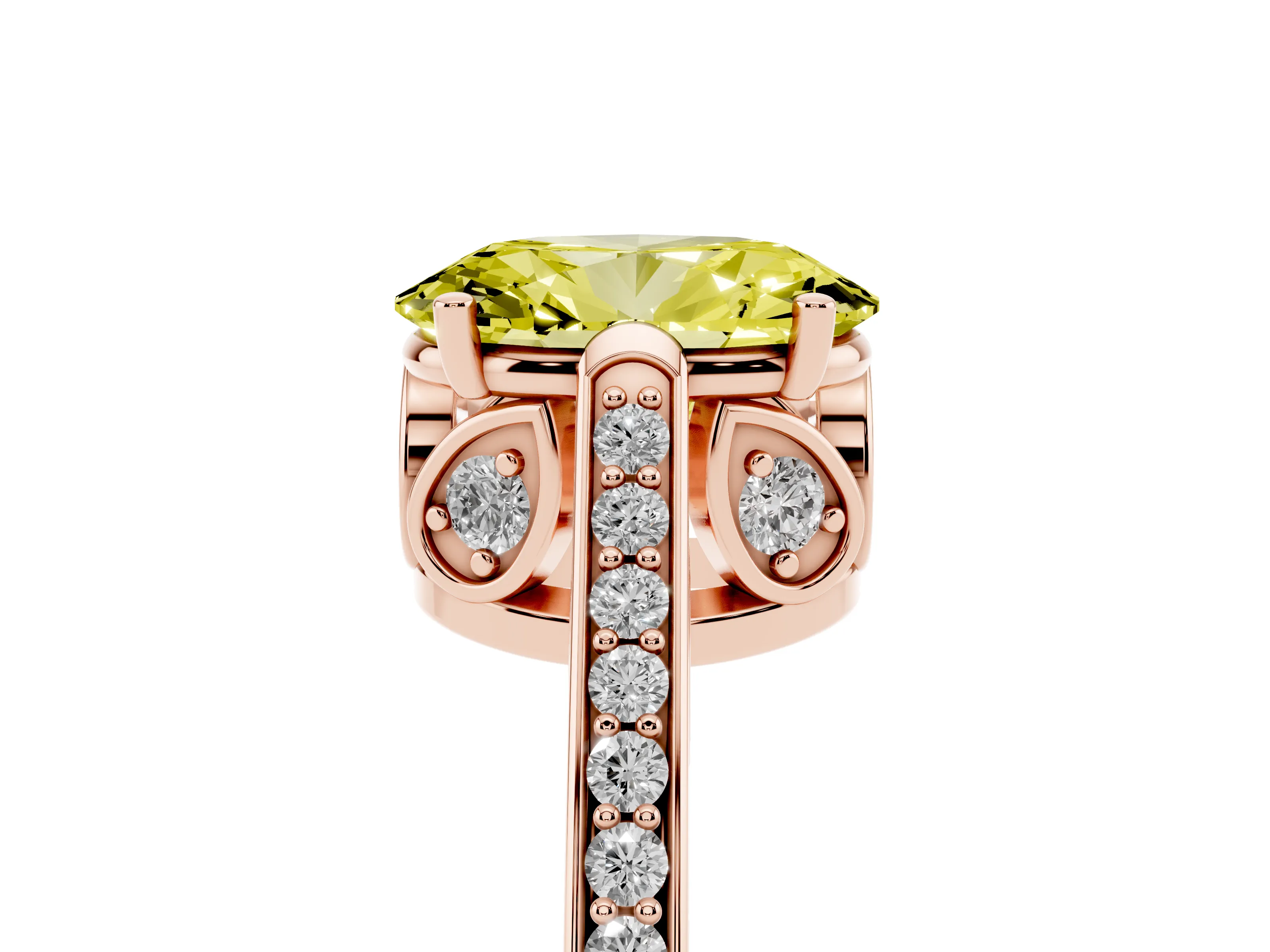 Fancy Yellow Oval Cut Diamond Cathedral Pavé Engagement Ring Set in Rose gold with Prong Setting