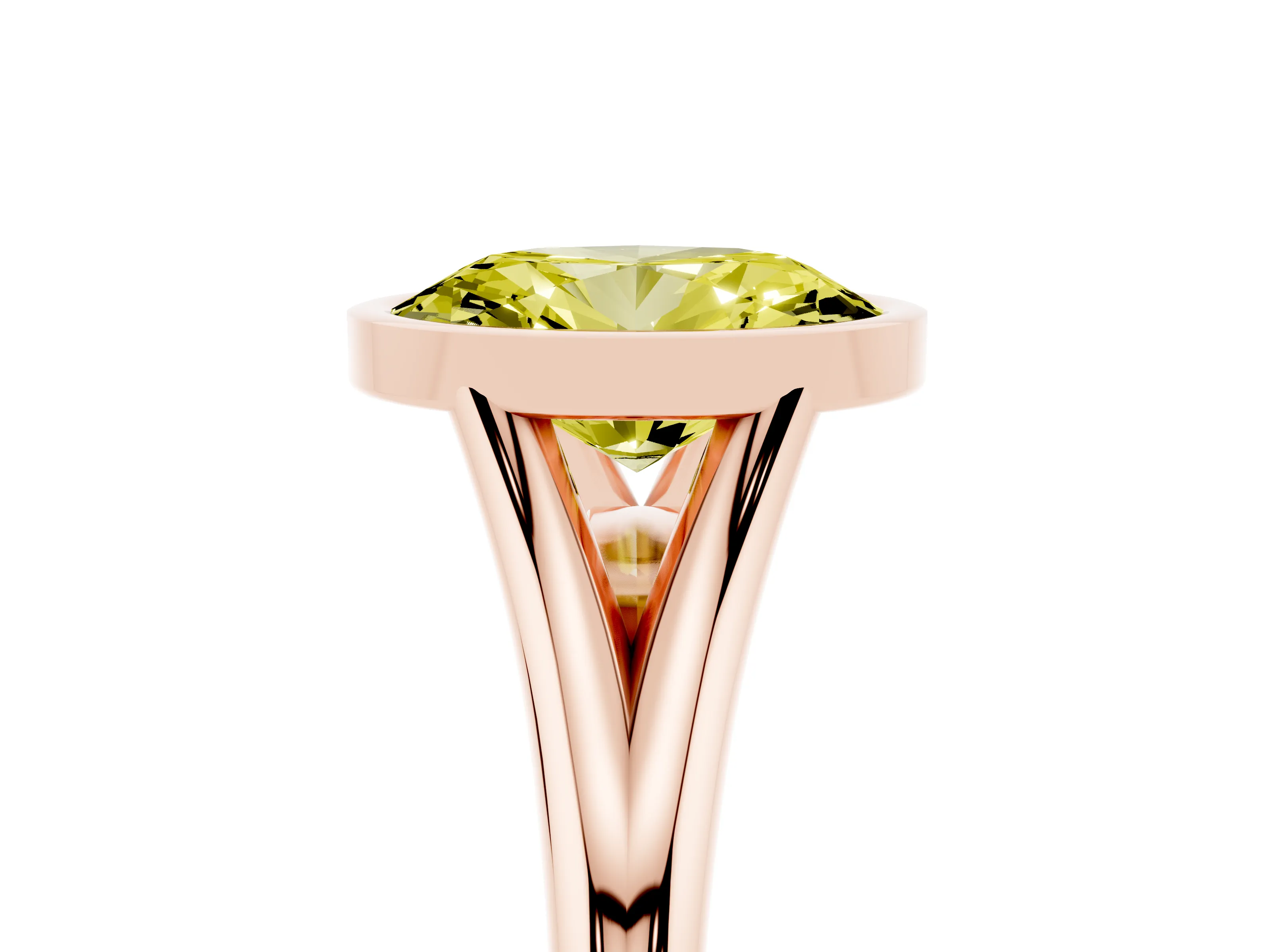 Fancy Yellow Bezel Set Oval Cut Diamond Solitaire Ring Set in Rose gold with Tapered Band