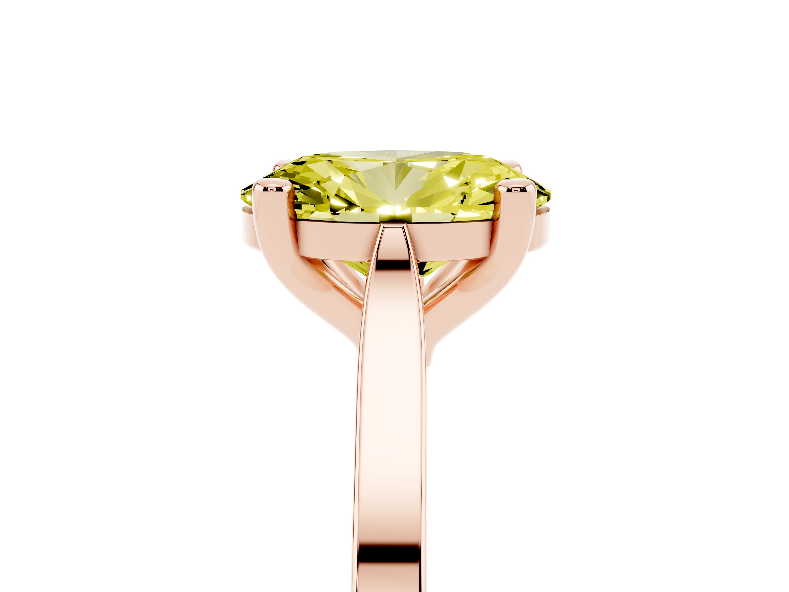 Fancy Yellow Oval Cut Diamond Solitaire Ring Set in Rose gold with Prong Setting and Tapered Band