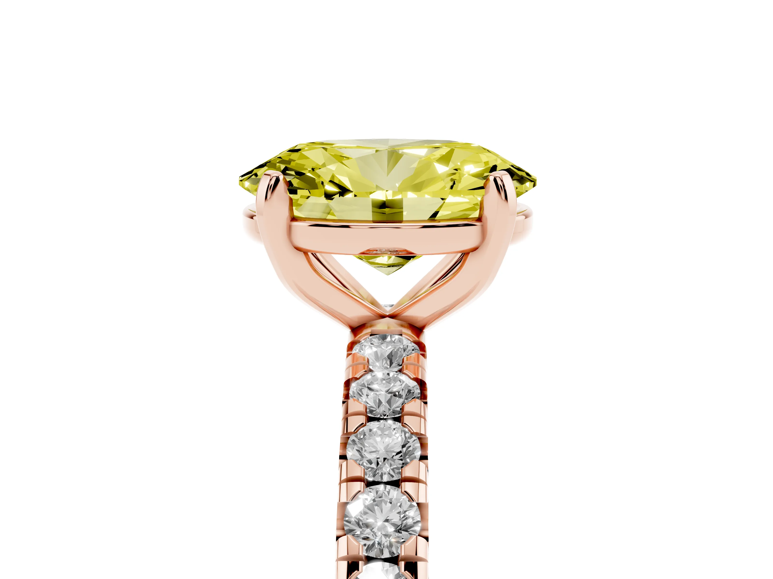 Fancy Yellow Oval Cut Diamond Pavé Solitaire Ring Set in Rose gold with Round Band and Prong Setting