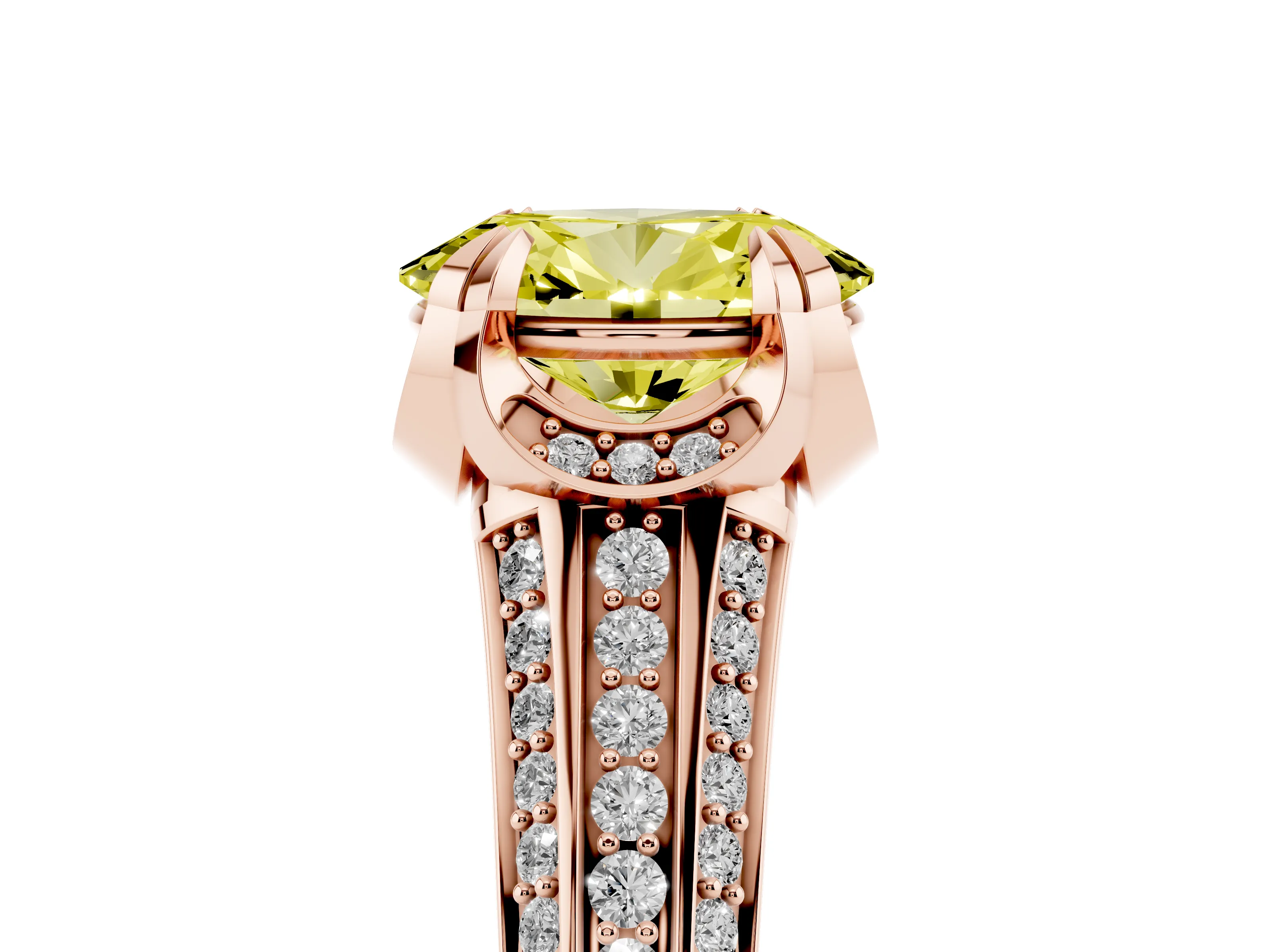 Fancy Yellow Oval Cut Diamond Pavé Split Shank Solitaire Ring Set in Rose gold with Prong Setting