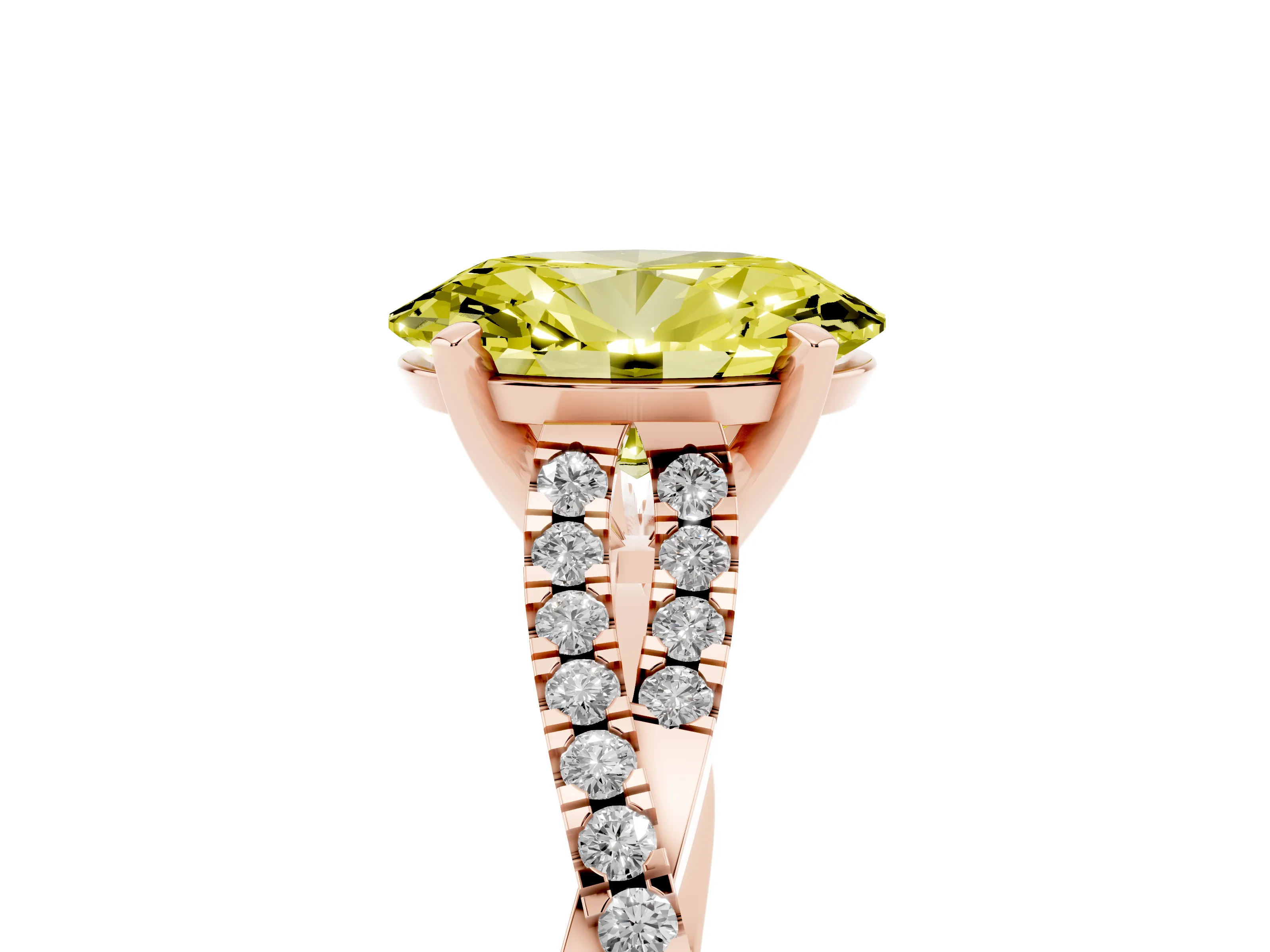 Fancy Yellow Oval Cut Diamond Solitaire Engagement Ring Set in Rose gold with Twisted Pavé Band and Prong Setting