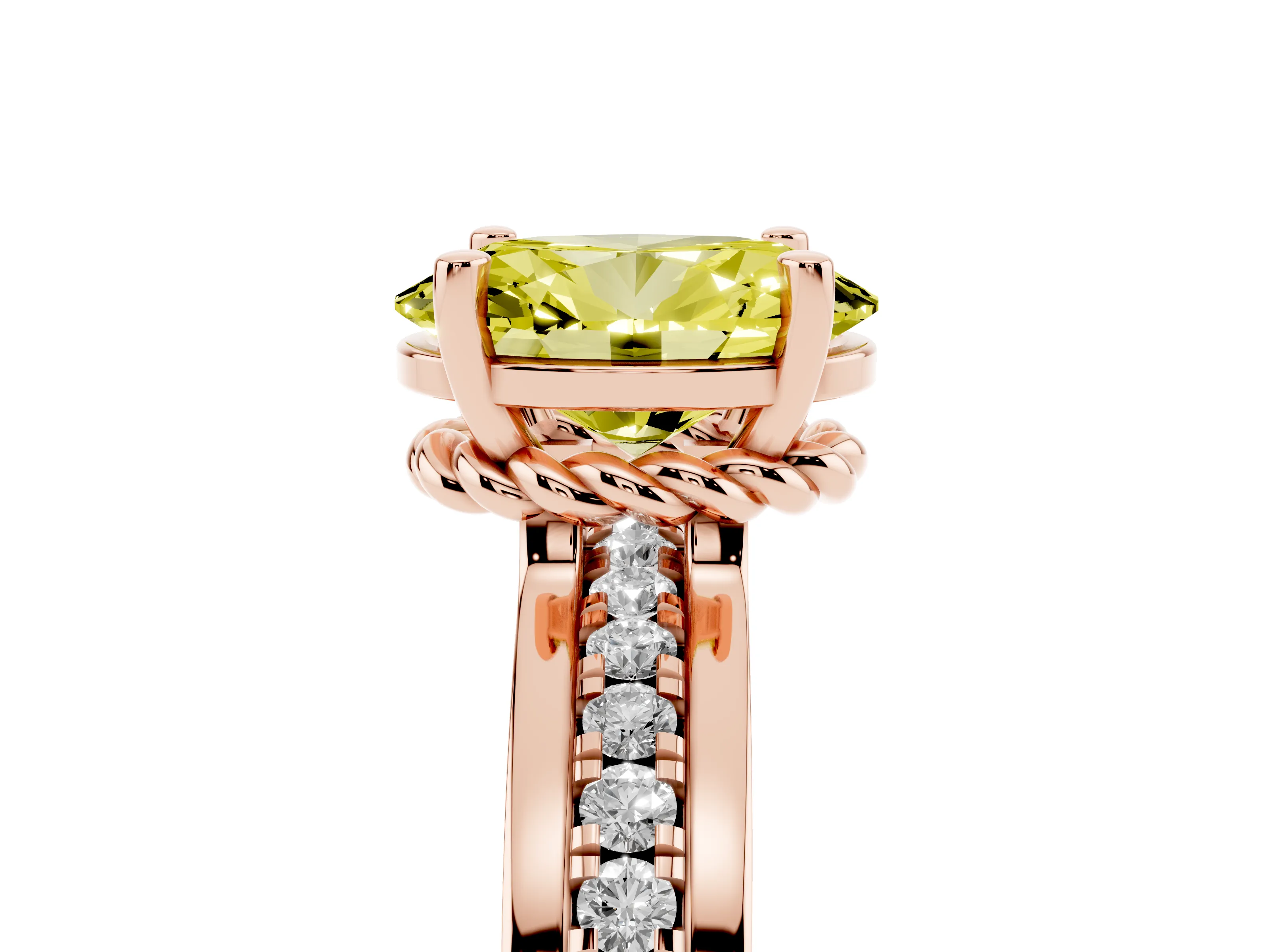 Fancy Yellow Oval Cut Diamond Solitaire Ring Set in Rose gold with Channel Set Band and Prong Setting