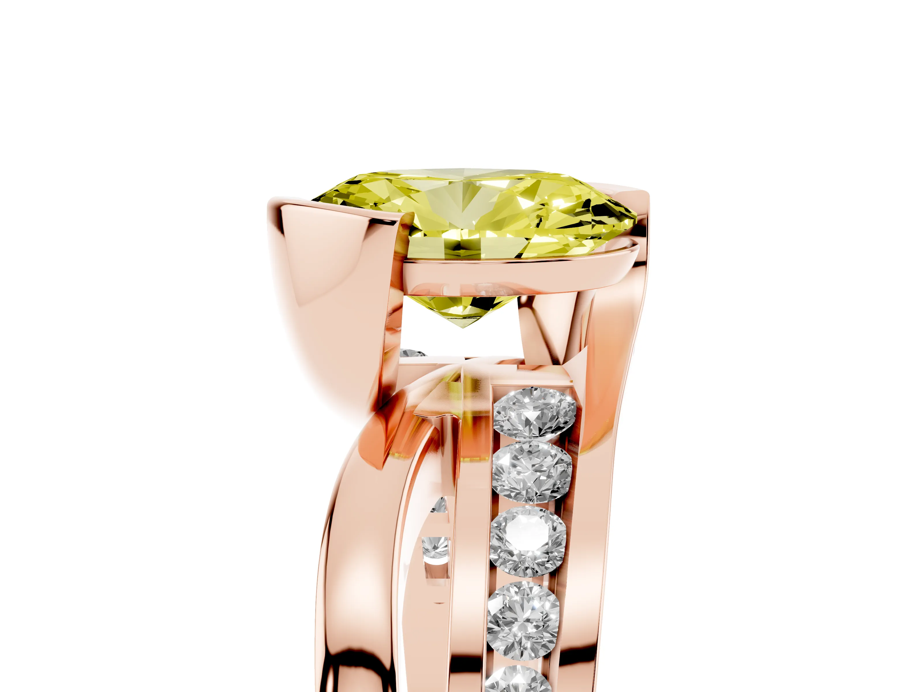 Fancy Yellow Oval Cut Diamond Solitaire Ring Set in Rose gold with Channel Set Split Shank and Tension Prongs