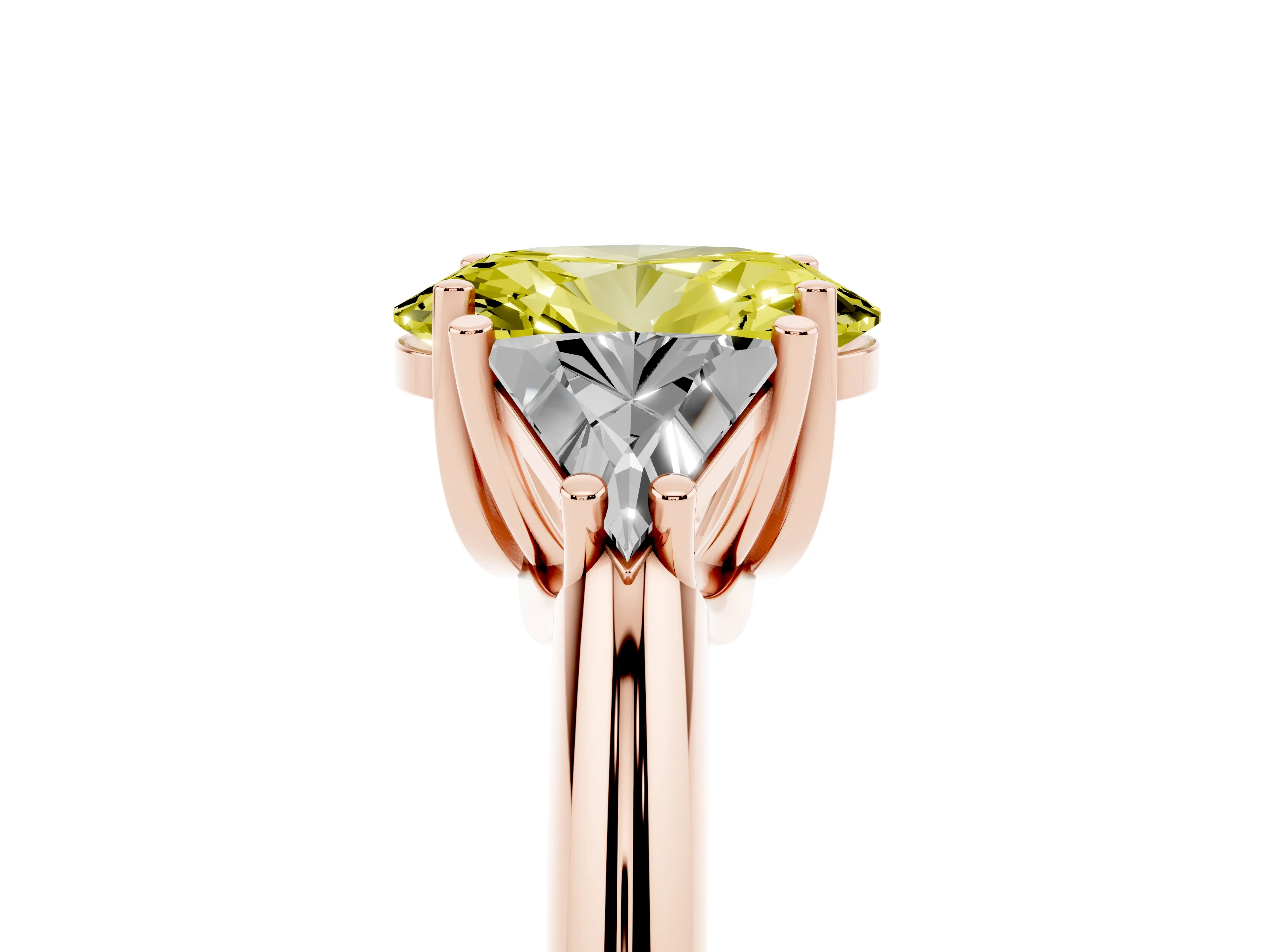 Fancy Yellow Oval Cut Diamond Three-Stone Engagement Ring Set in Rose gold with Trillion Side Stones