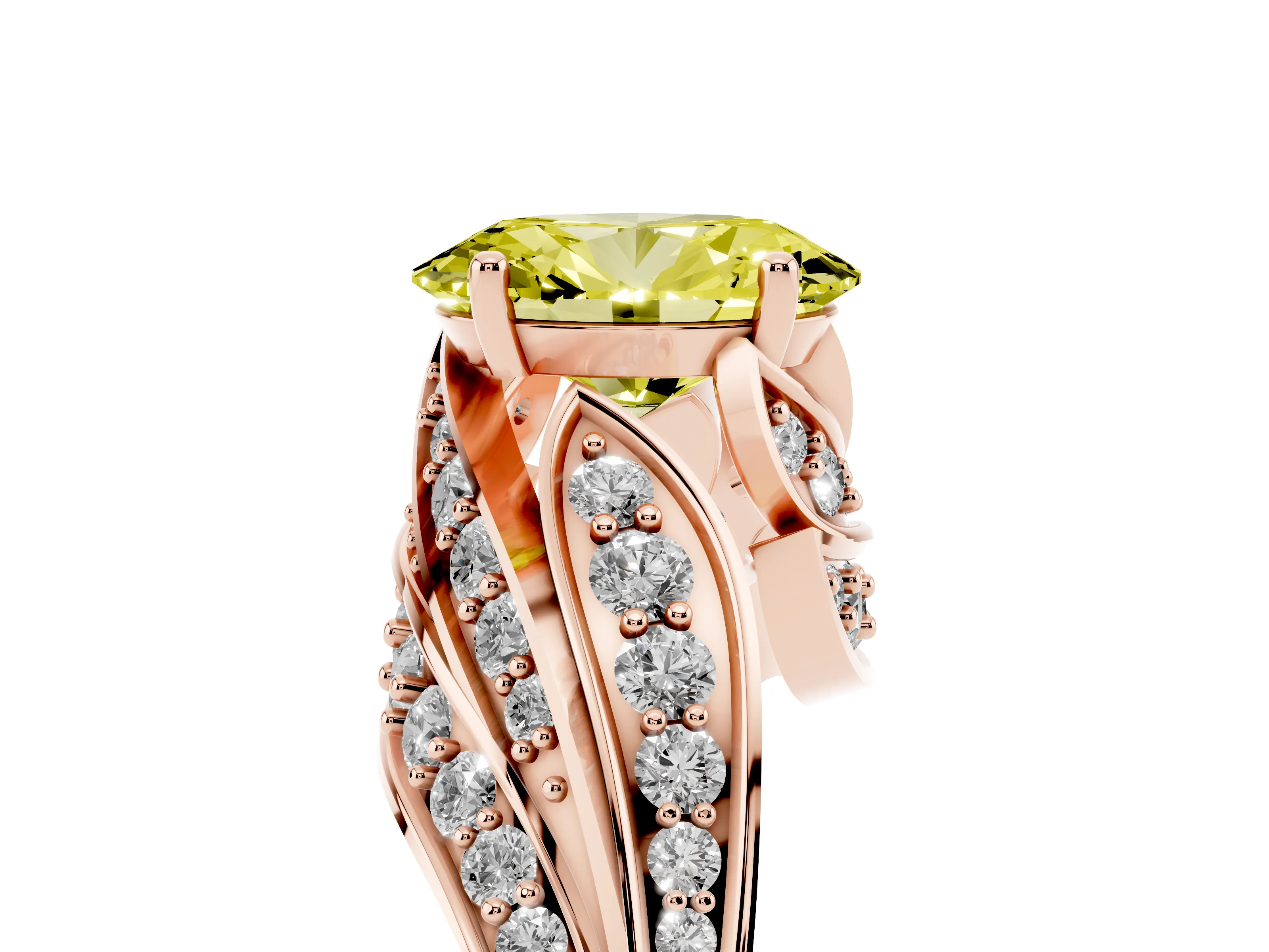 Fancy Yellow Oval Cut Diamond Solitaire Ring Set in Rose gold with Layered Twist Pavé Band