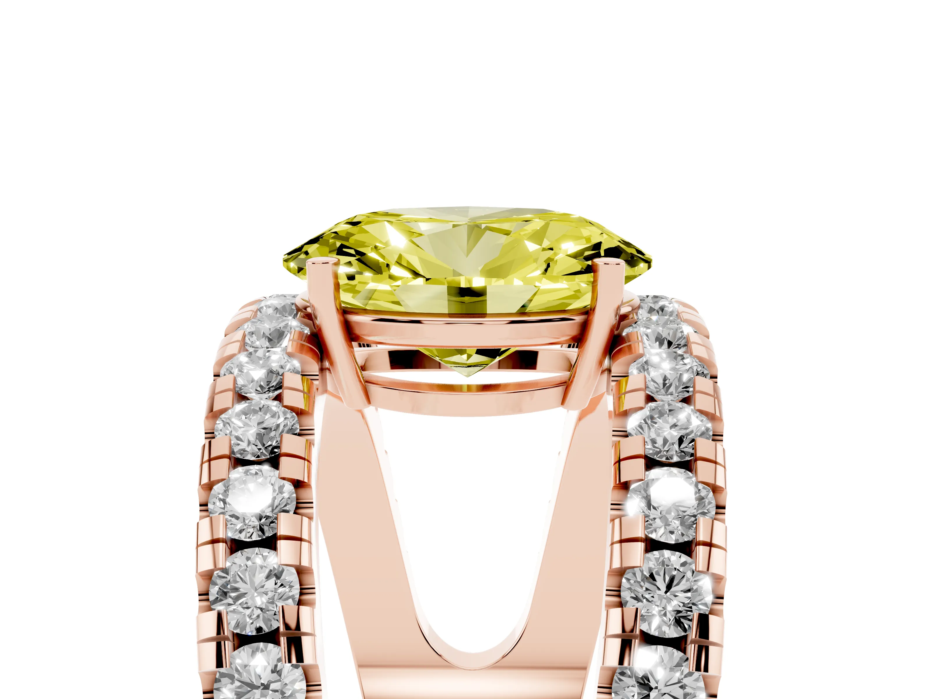 Fancy Yellow Oval Cut Diamond Split Shank Pavé Solitaire Ring Set in Rose gold with Open Shank Design