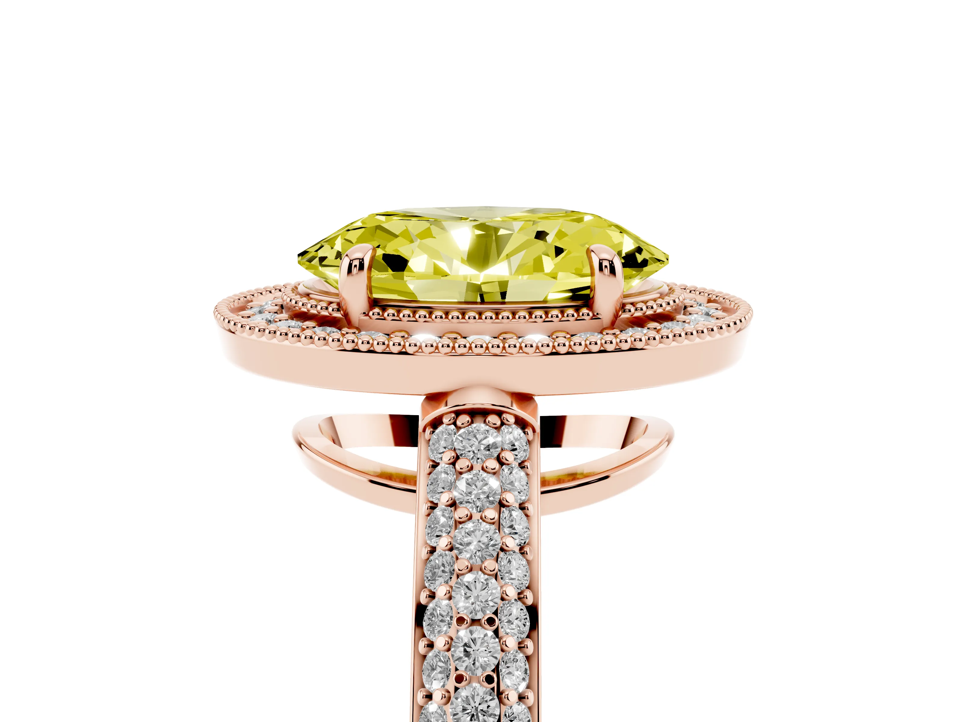 Fancy Yellow Oval Cut Diamond Halo Pavé Band Set in Rose gold with Prong Setting