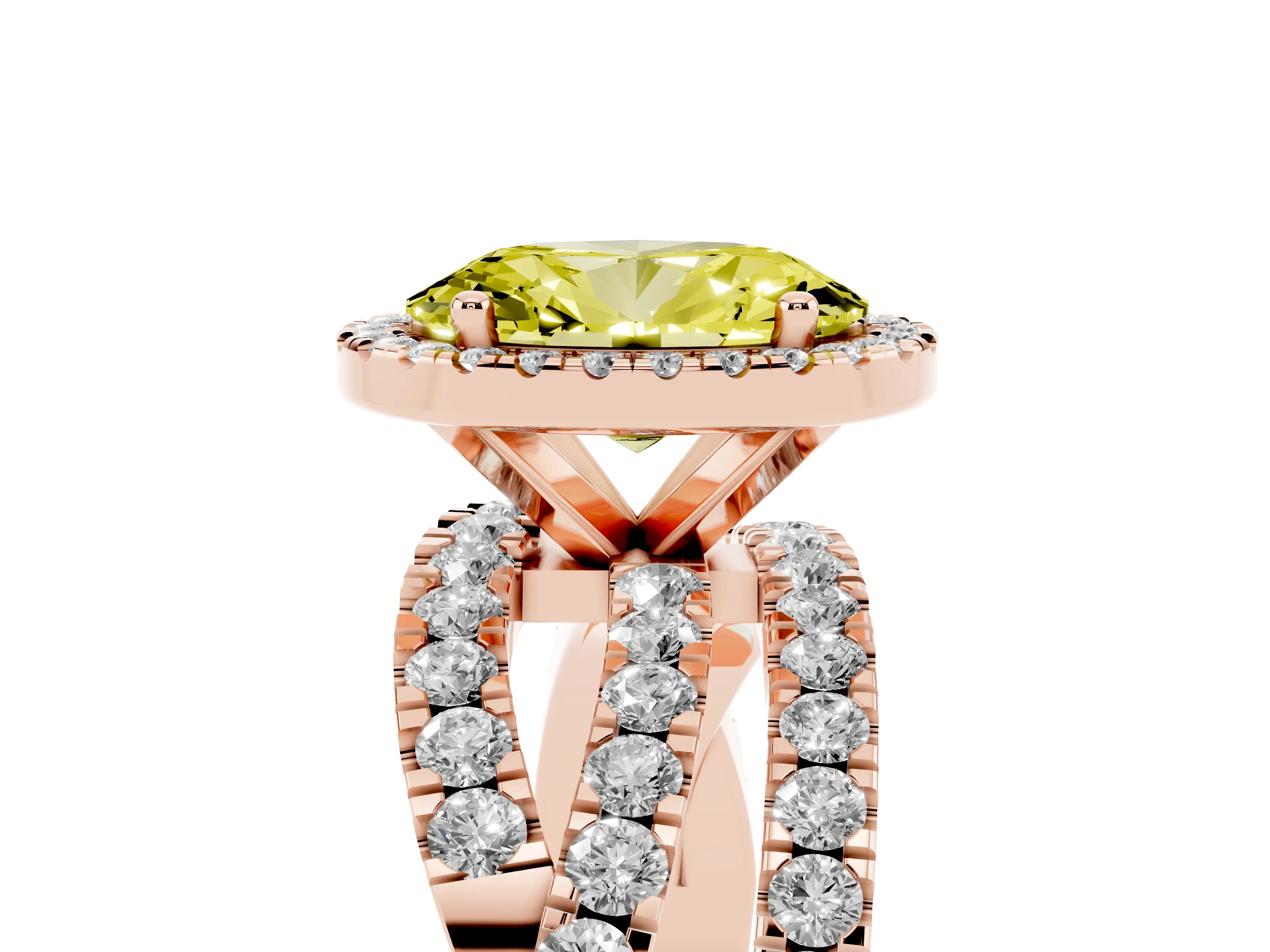 Fancy Yellow Oval Cut Diamond Halo Ring Set in Rose gold with Round Crossover Split Shank and Prong Setting