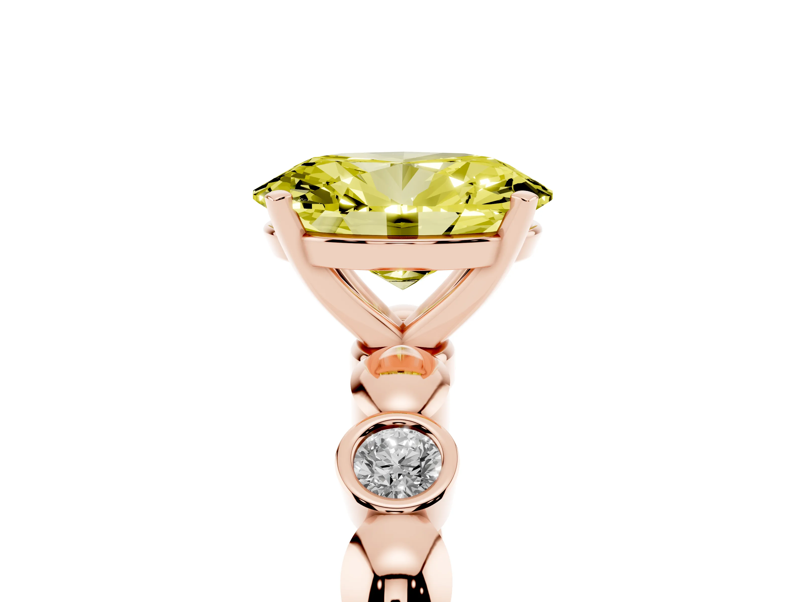 Fancy Yellow Oval Cut Diamond Solitaire Ring Set in Rose gold with Bezel-Set Accents on Beaded Band and Prong Setting