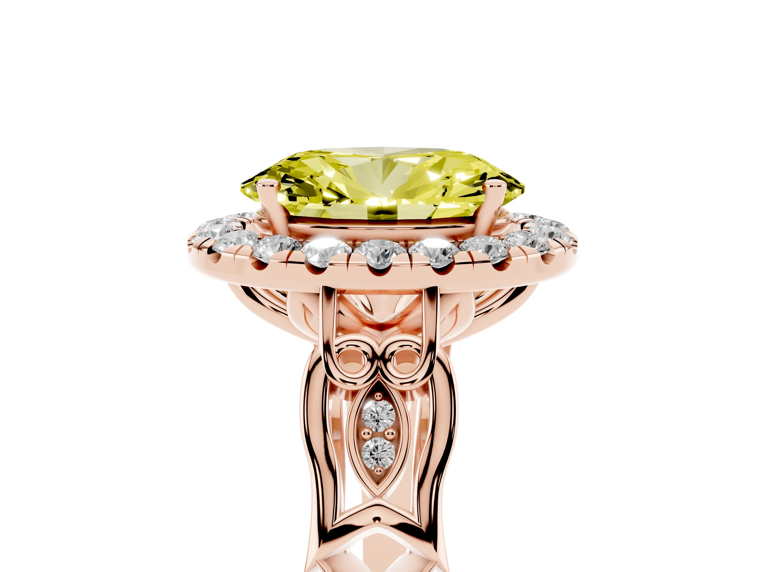 Fancy Yellow Oval Cut Diamond Halo Engagement Ring Set in Rose gold with Filigree Band and Prong-Set Center
