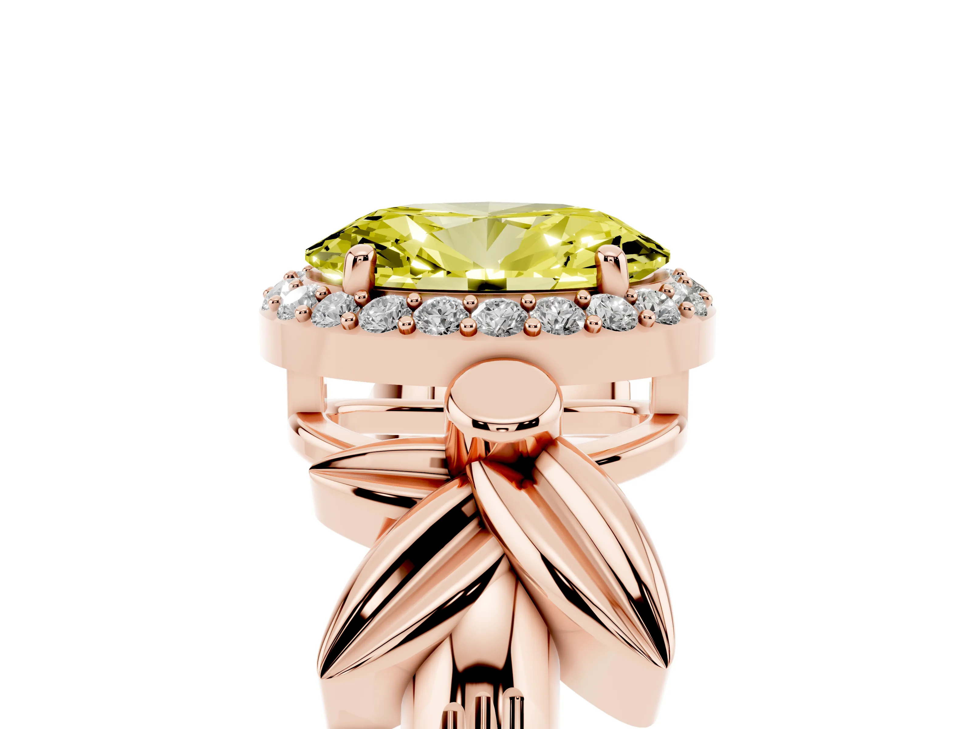 Fancy Yellow Oval Cut Diamond Halo Floral Band Ring Set in Rose gold with Prong Setting