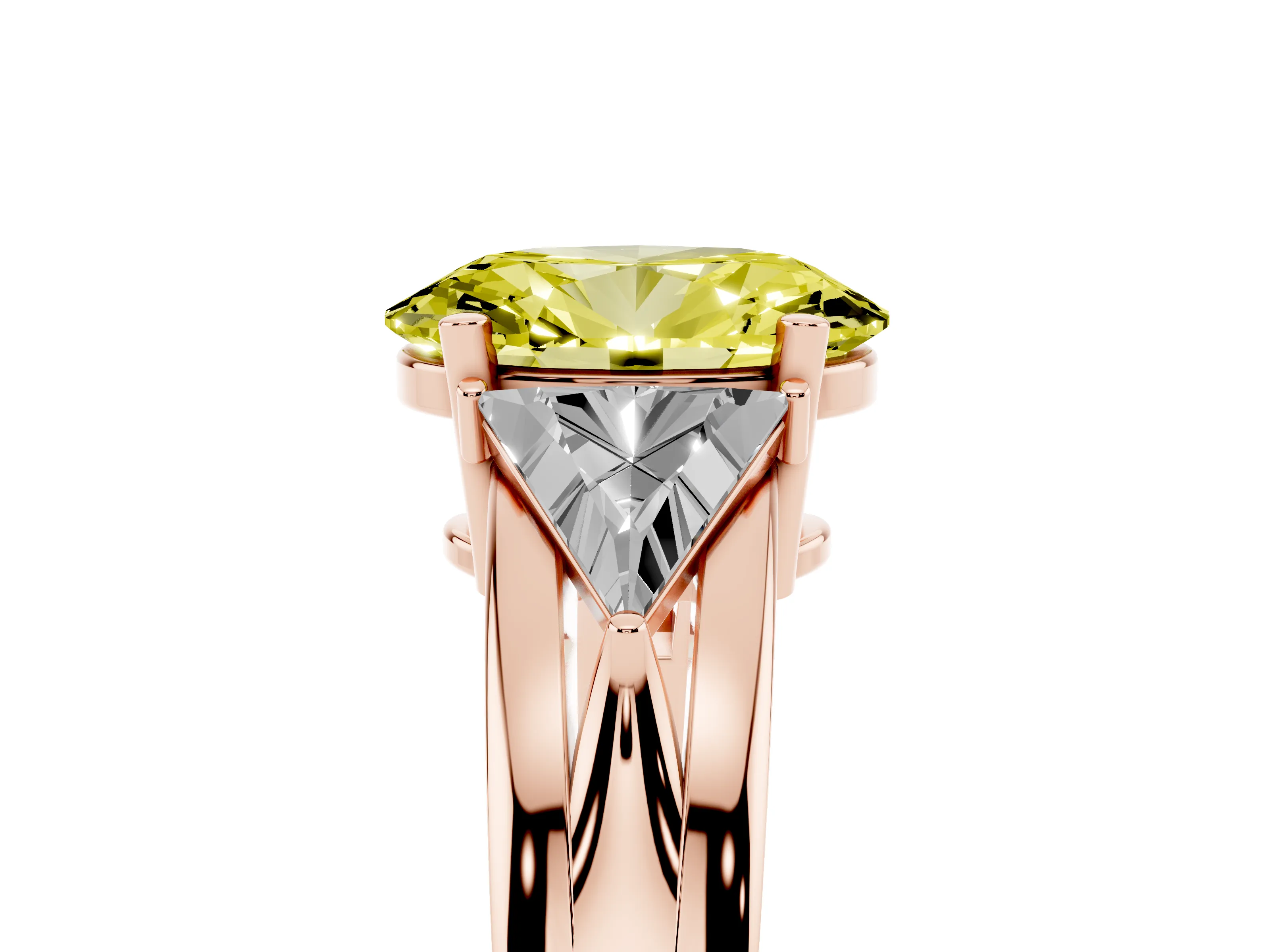 Fancy Yellow Oval Cut Diamond Three-Stone Ring Set in Rose gold with Trillion Side Stones and Split Shank
