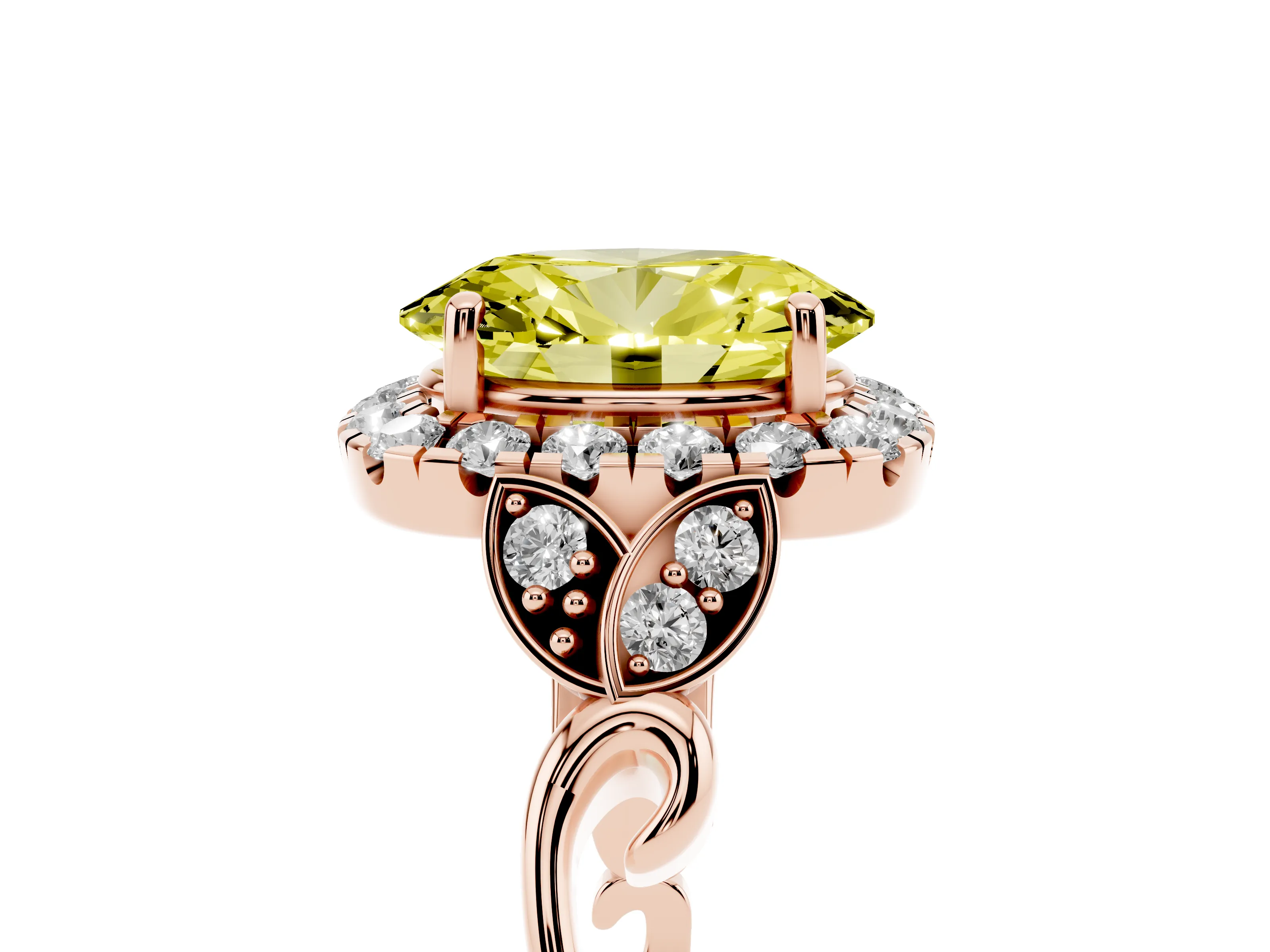 Fancy Yellow Oval Cut Diamond Halo Engagement Ring Set in Rose gold with Vintage-Inspired Band and Prong Setting