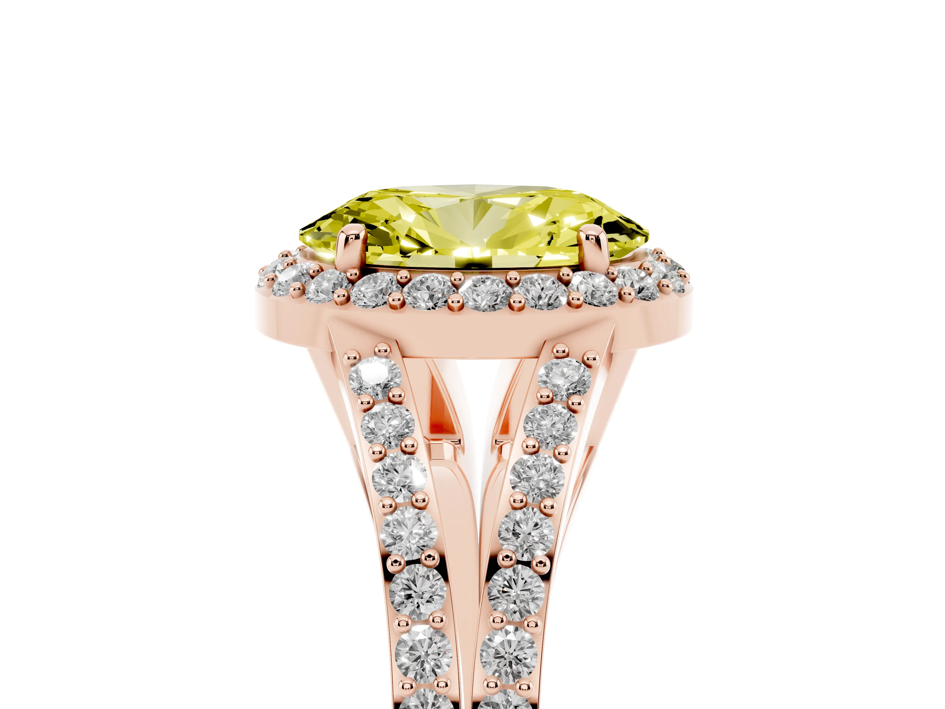 Fancy Yellow Oval Cut Diamond Halo Split Shank Ring Set in Rose gold with Accent Stones and Prong Setting
