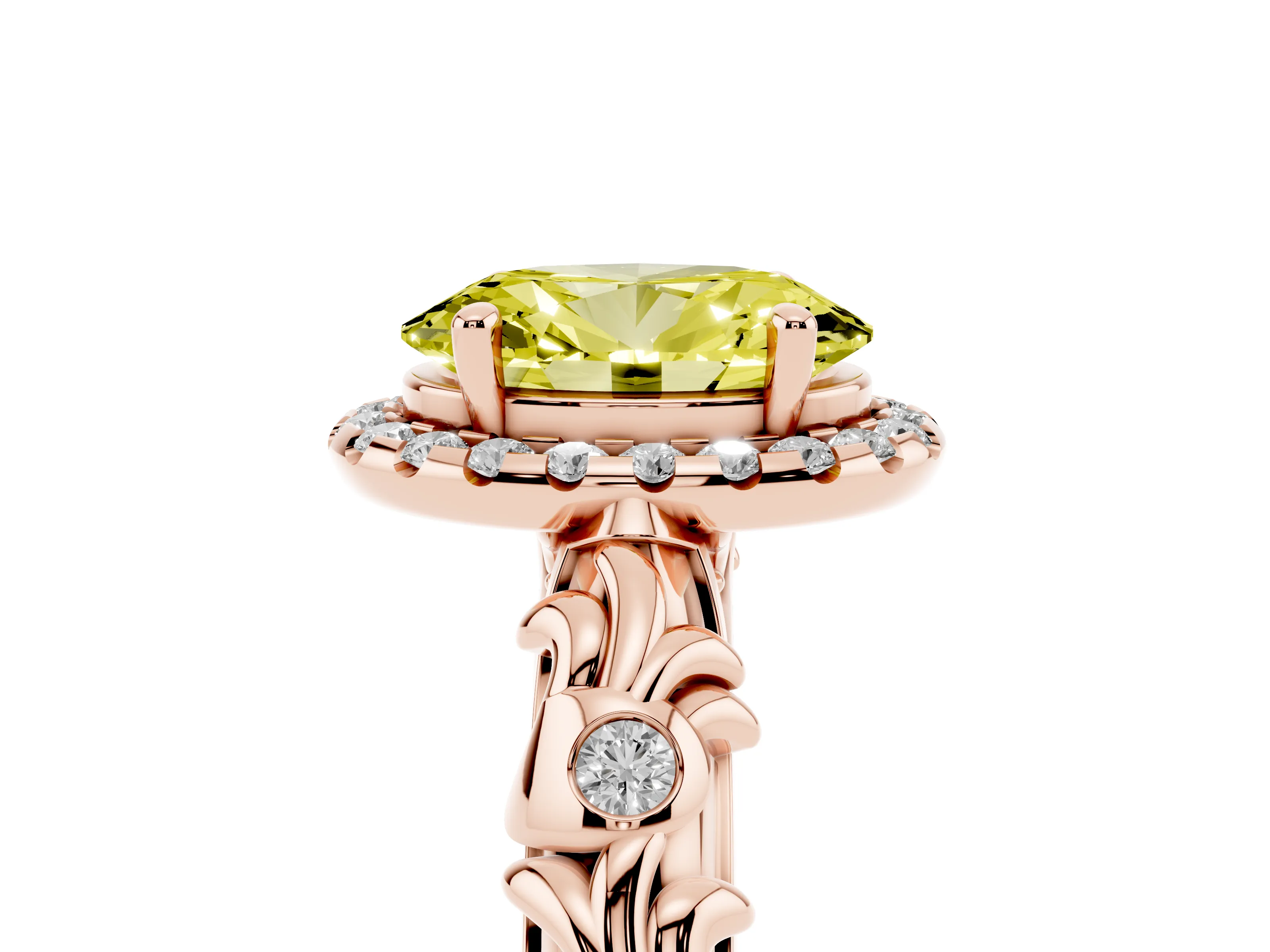 Fancy Yellow Oval Cut Diamond Halo Ring Set in Rose gold with Filigree Leaf Band and Prong Setting