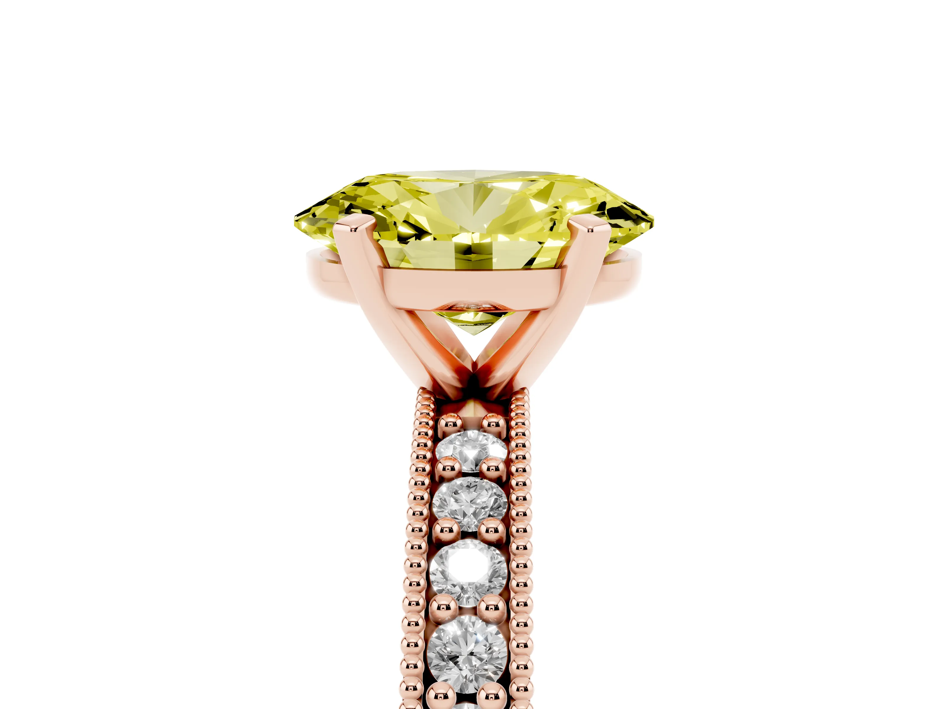 Fancy Yellow Oval Cut Diamond Milgrain Pavé Engagement Ring Set in Rose gold with Prong Setting