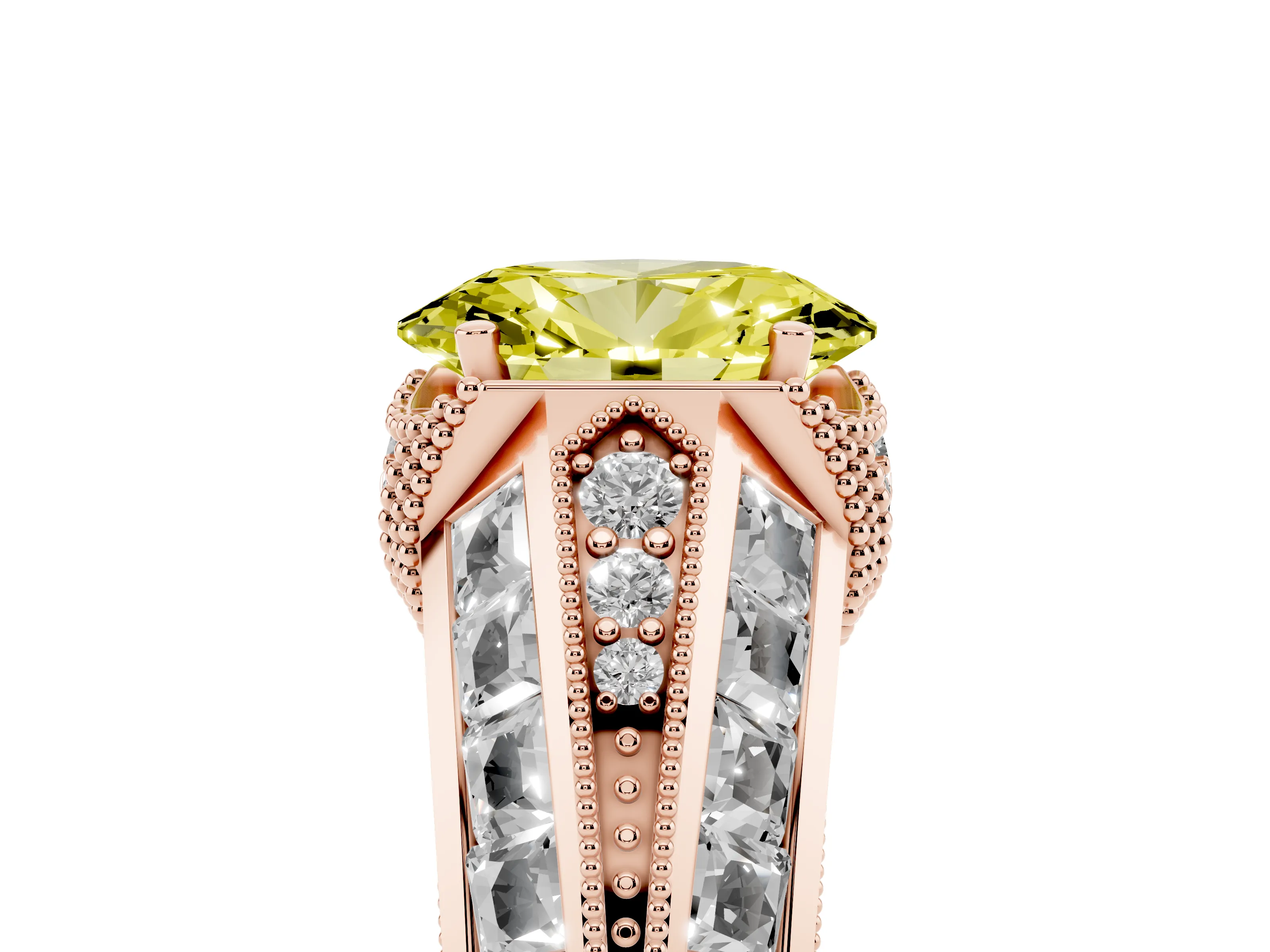 Fancy Yellow Oval Cut Diamond Vintage-Inspired Milgrain Ring Set in Rose gold with Accent Split Shank