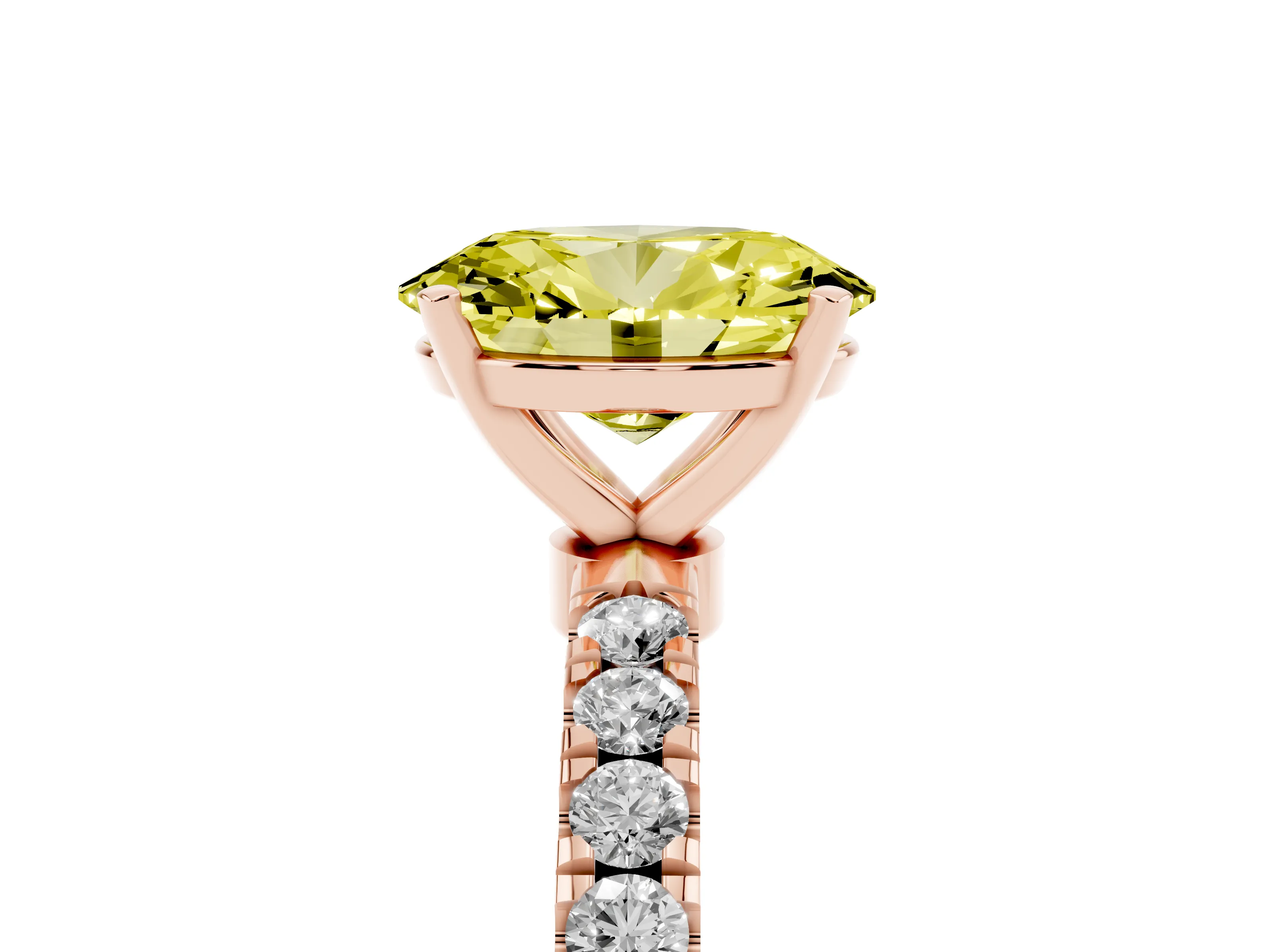 Fancy Yellow Oval Cut Diamond Solitaire Ring Set in Rose gold with Pavé Accents and Prong Setting
