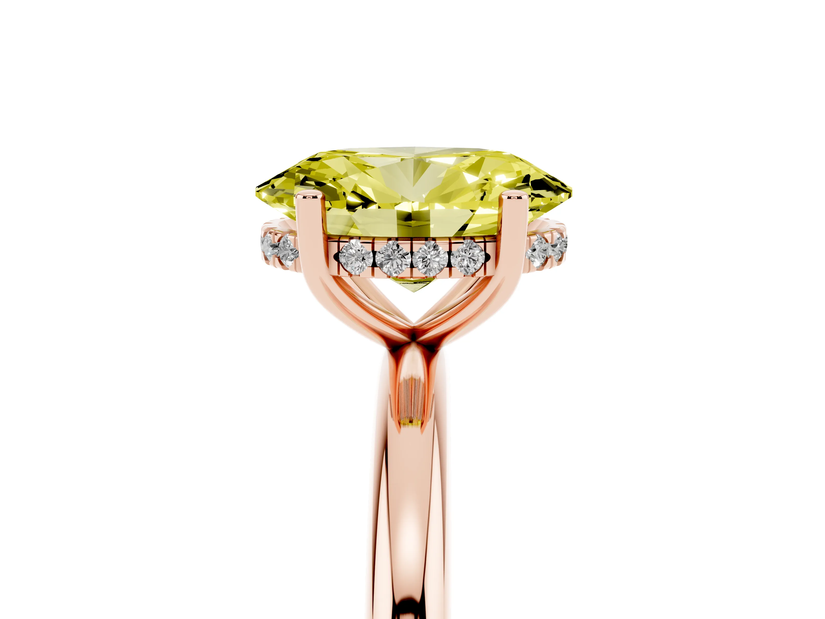 Fancy Yellow Oval Cut Diamond Solitaire Engagement Ring Set in Rose gold with Prong Setting and Polished Band