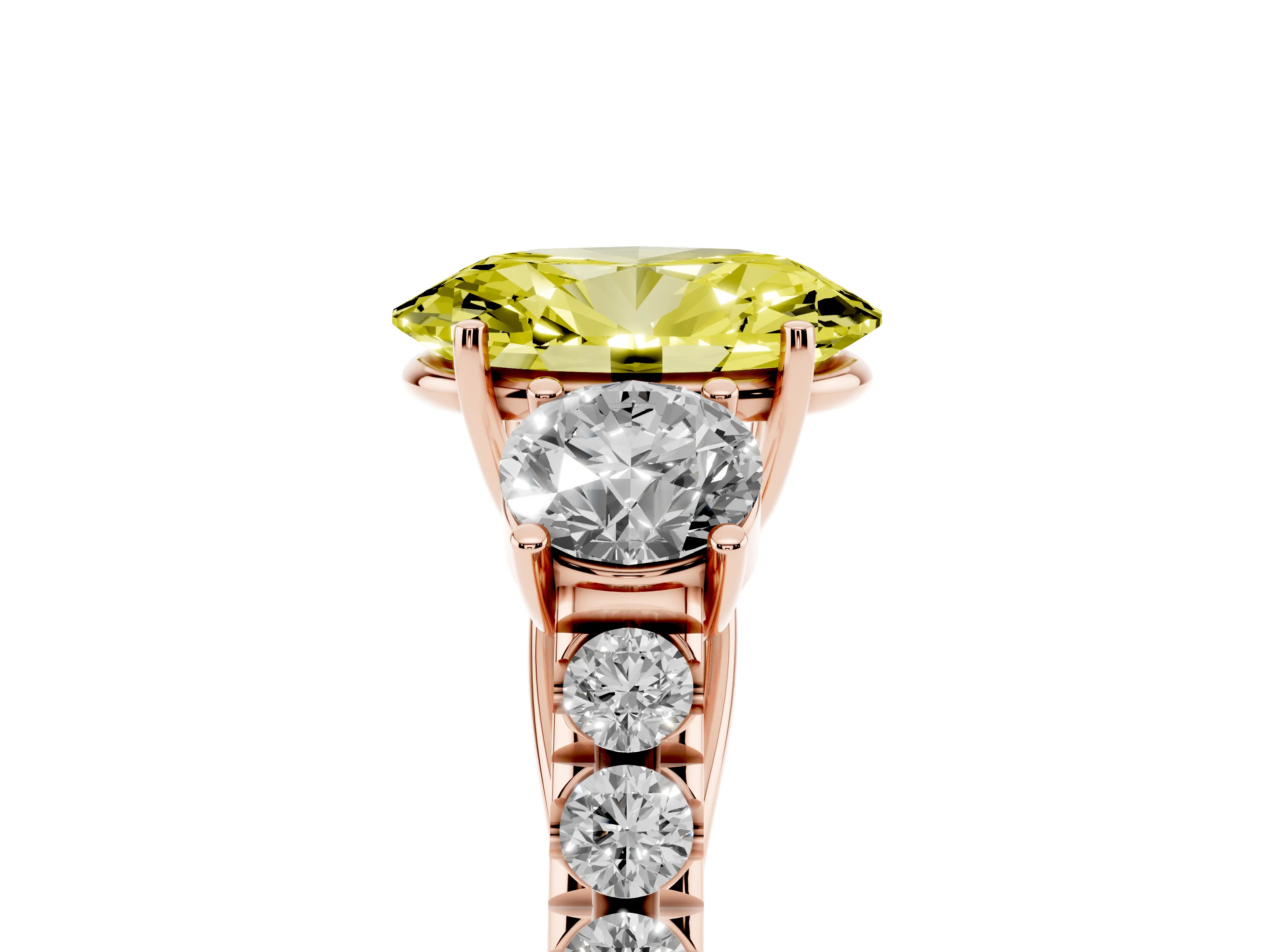 Fancy Yellow Oval Cut Diamond Three-Stone Ring Set in Rose gold with Round Side Stones and Delicate Pavé Band