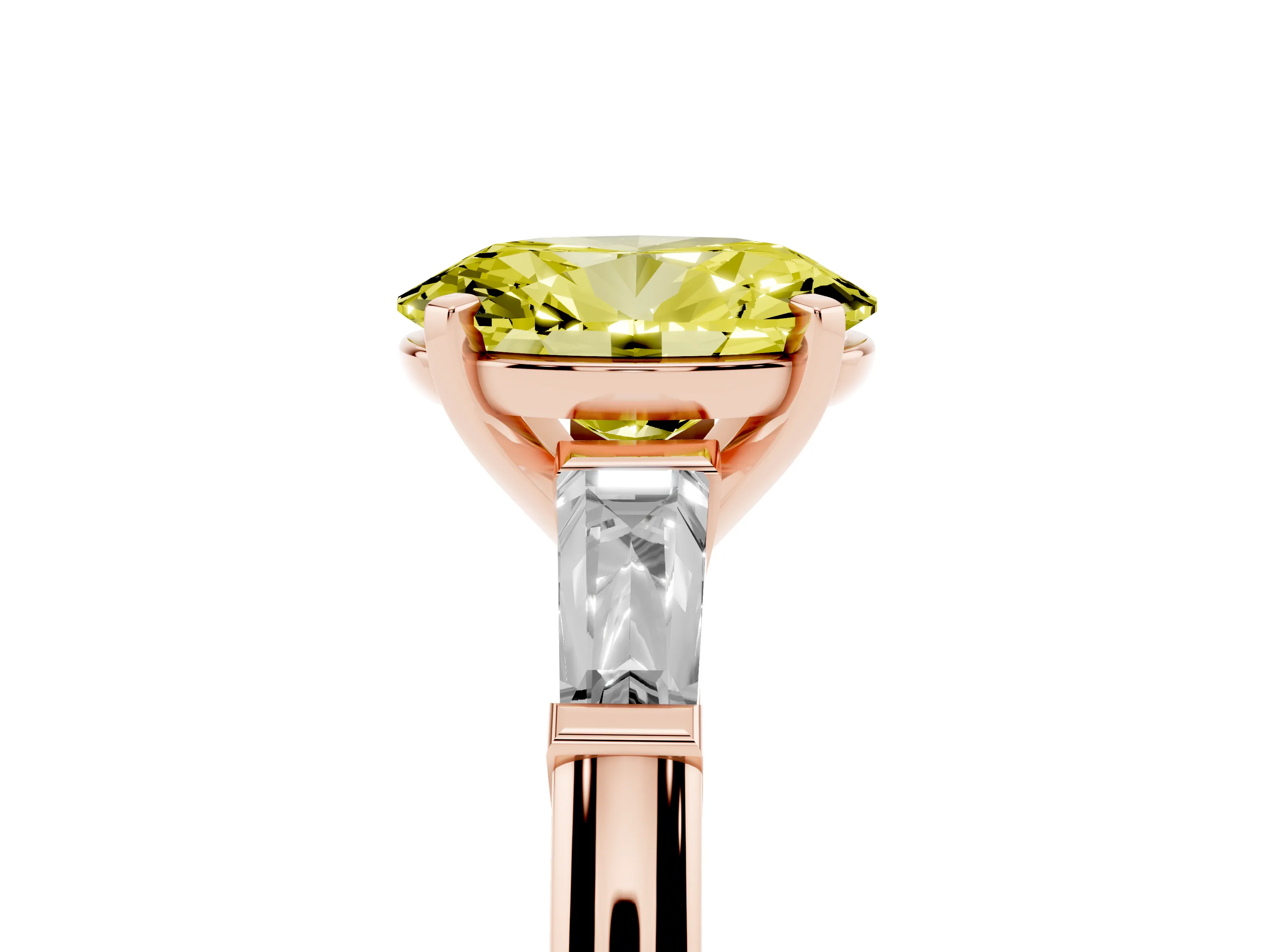 Fancy Yellow Oval Cut Diamond Solitaire Ring Set in Rose gold with Tapered Baguette Side Stones and Prong Setting