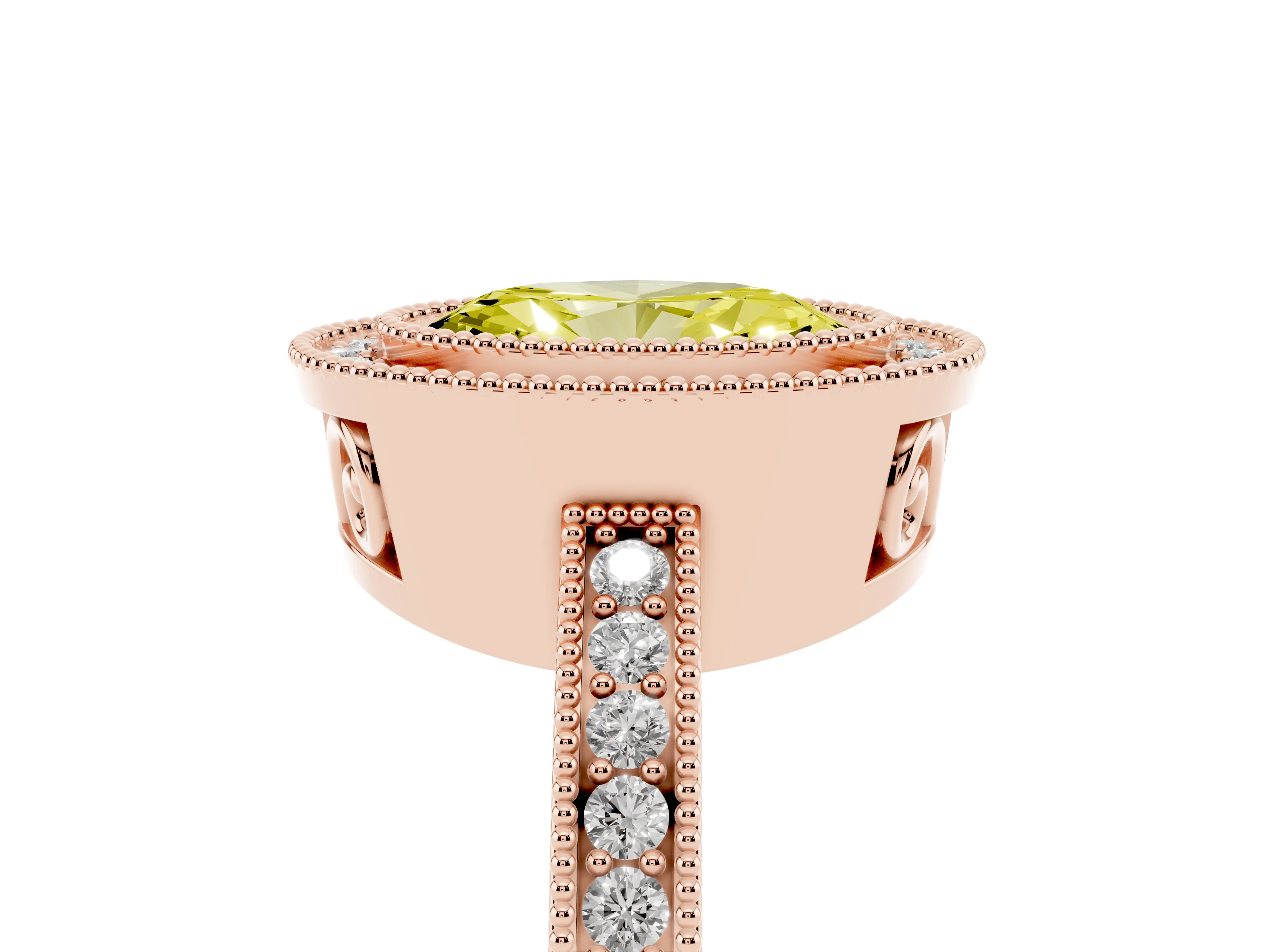 Fancy Yellow Oval Cut Diamond Round Halo Ring Set in Rose gold with Pavé Band