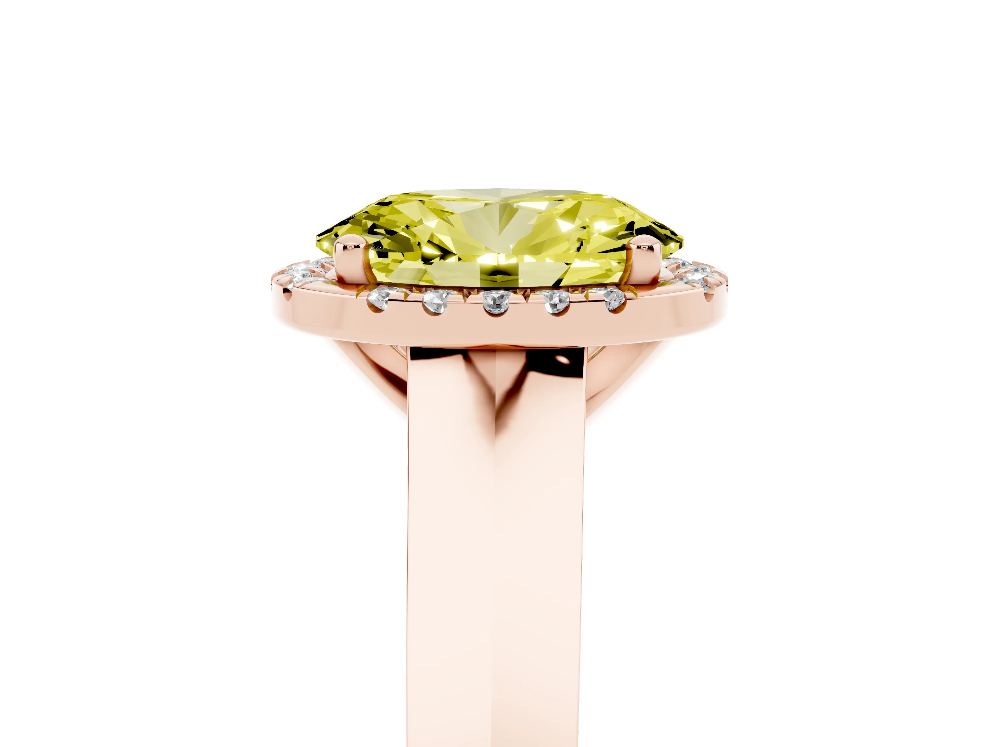 Fancy Yellow Oval Cut Diamond Halo Ring Set in Rose gold with Cathedral Band and Prong Setting
