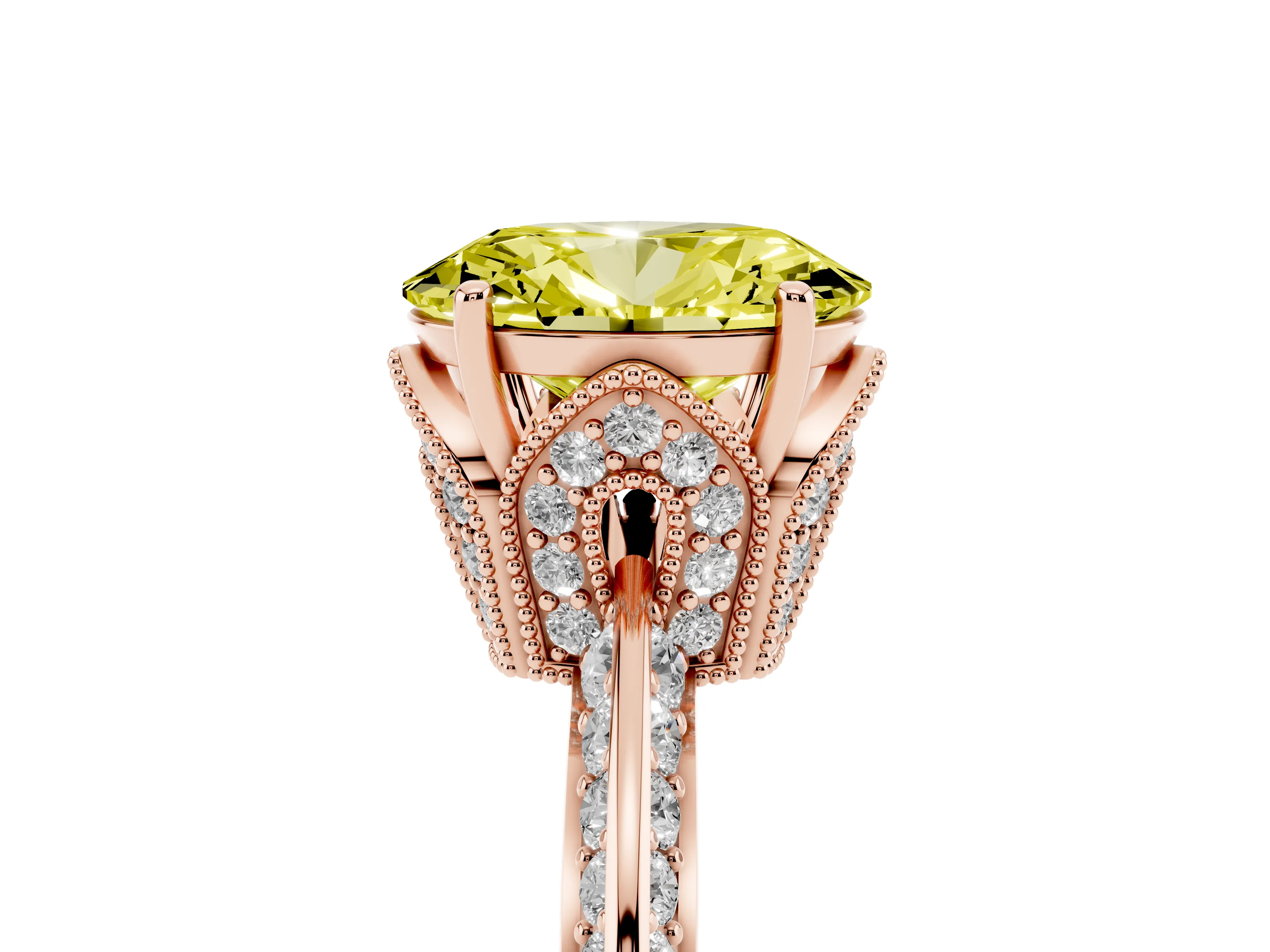Fancy Yellow Oval Cut Diamond Solitaire Engagement Ring Set in Rose gold with Pavé Split Shank and Prong Setting