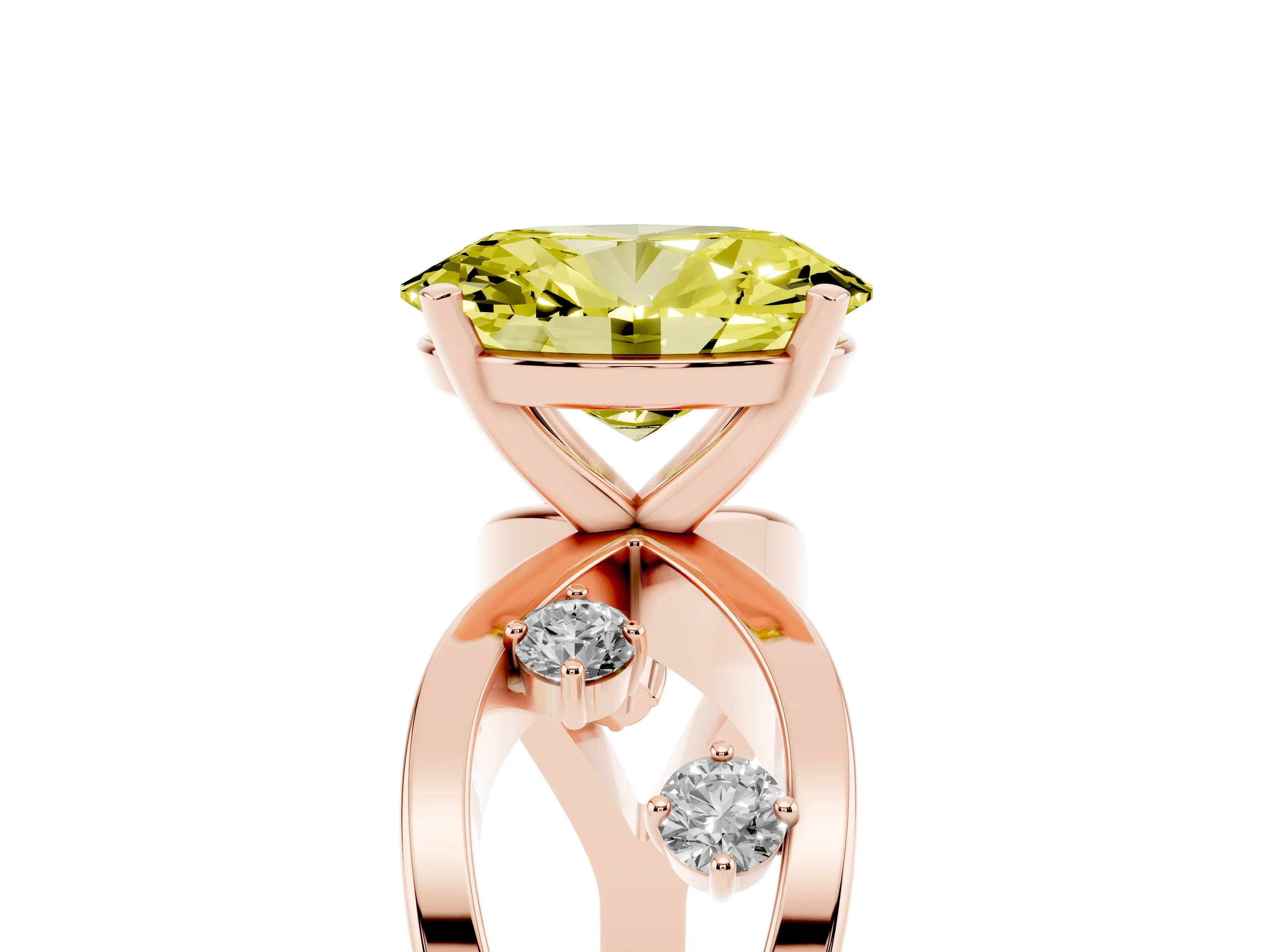 Fancy Yellow Oval Cut Diamond Solitaire Ring Set in Rose gold with Side Stones on Criss-Cross Band and Prong Setting