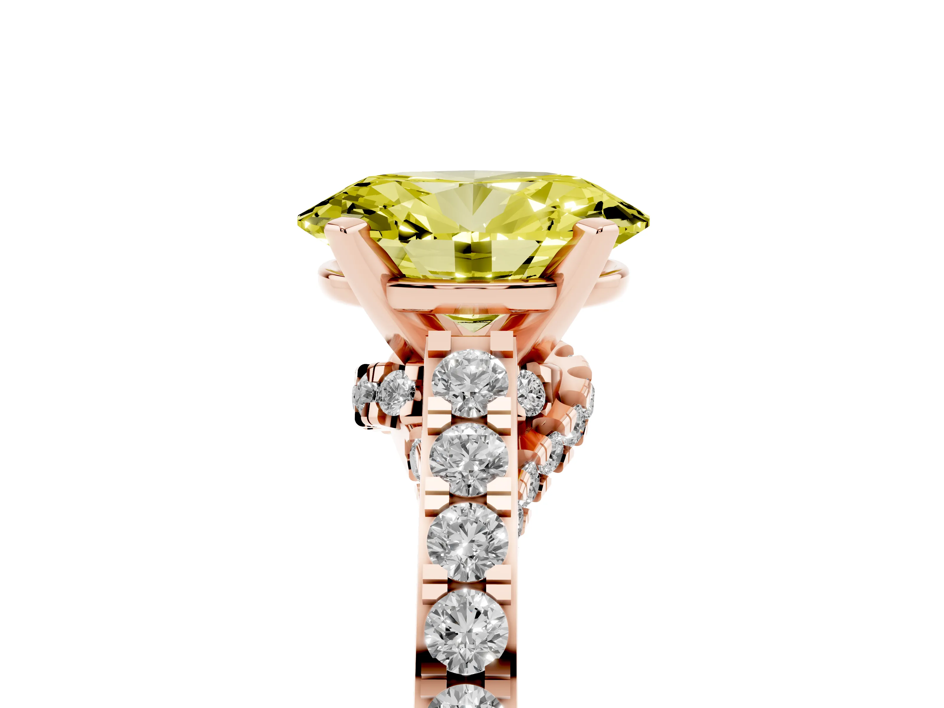 Fancy Yellow Oval Cut Diamond Solitaire Ring Set in Rose gold with Crossover Gallery and Round Pavé Band