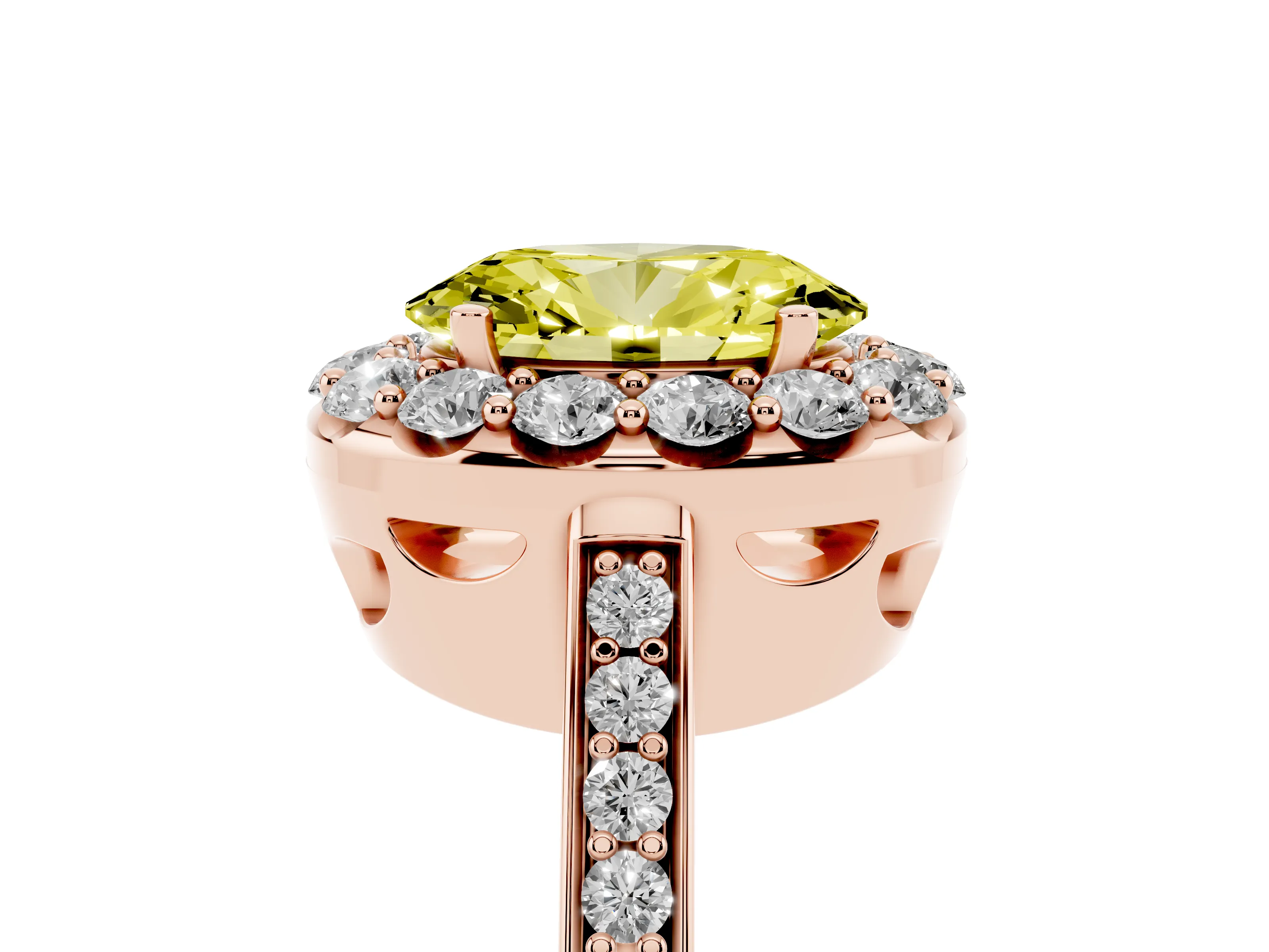 Fancy Yellow Oval Cut Diamond Floral Halo Ring Set in Rose gold with Pavé Band and Prong Setting