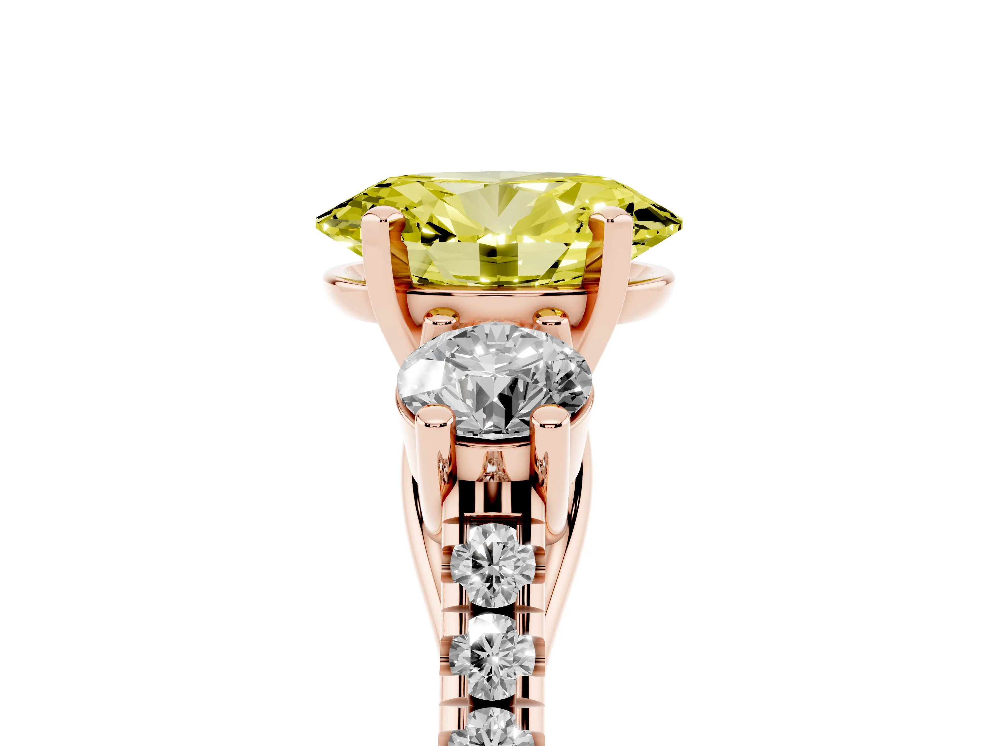 Fancy Yellow Three-Stone Oval Cut Diamond Pavé Band Ring Set in Rose gold with Prong-Set Trio