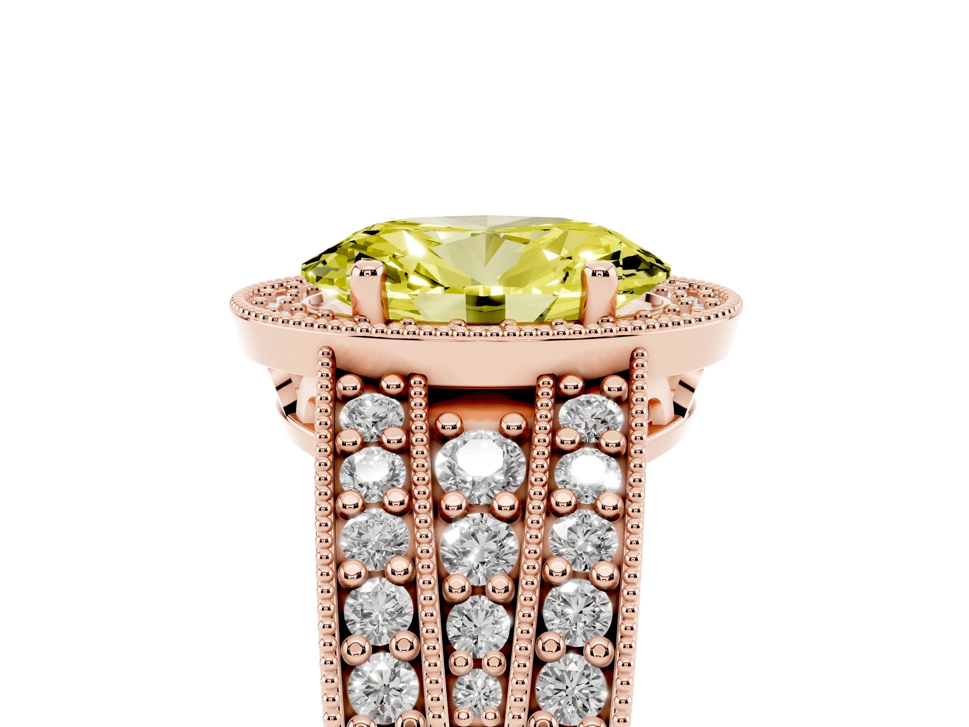 Fancy Yellow Oval Cut Diamond Halo Ring Set in Rose gold with Accent Split Shank and Prong Setting