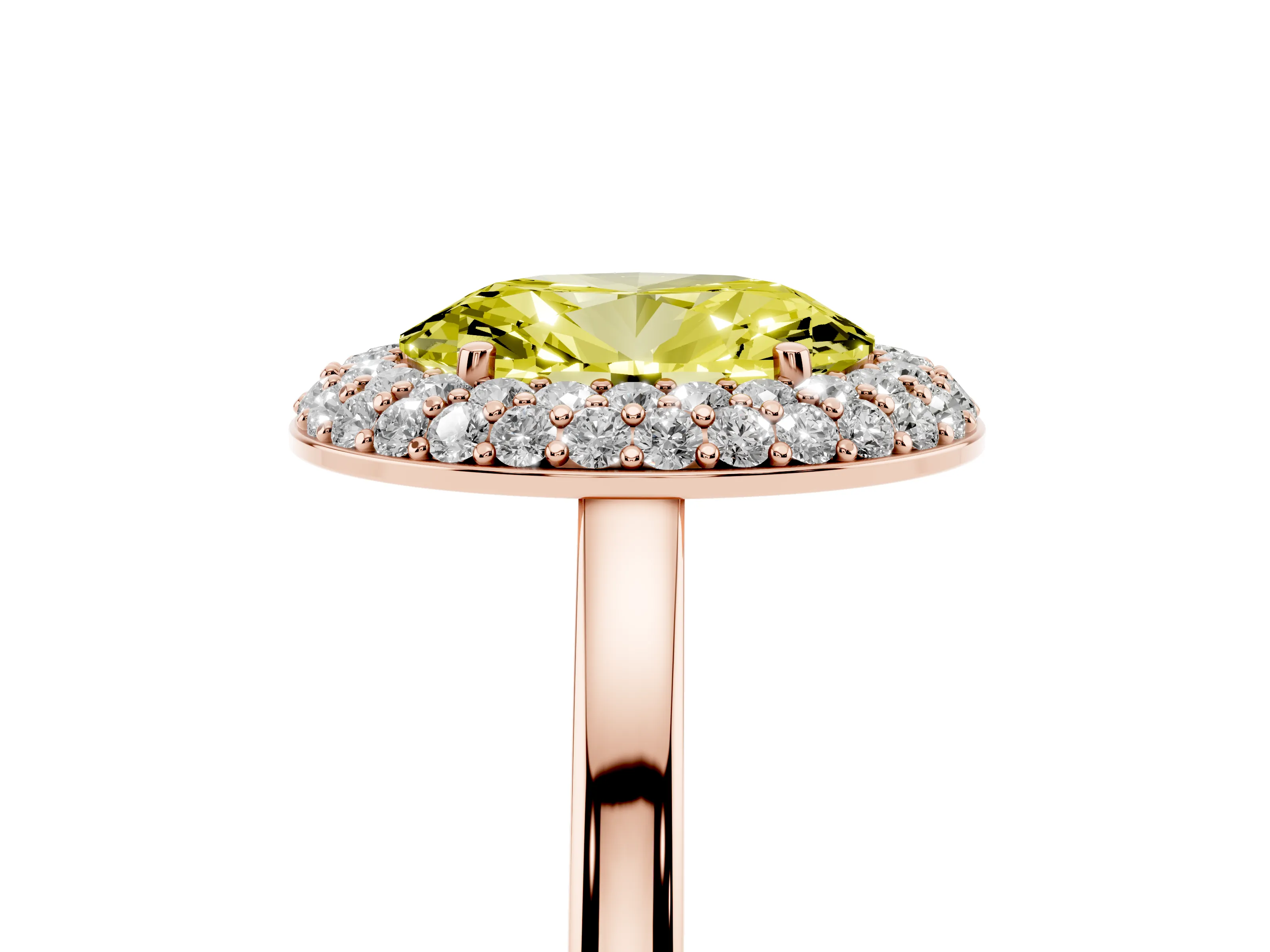 Fancy Yellow Oval Cut Diamond Halo Engagement Ring Set in Rose gold with Solitaire Band and Prong Setting