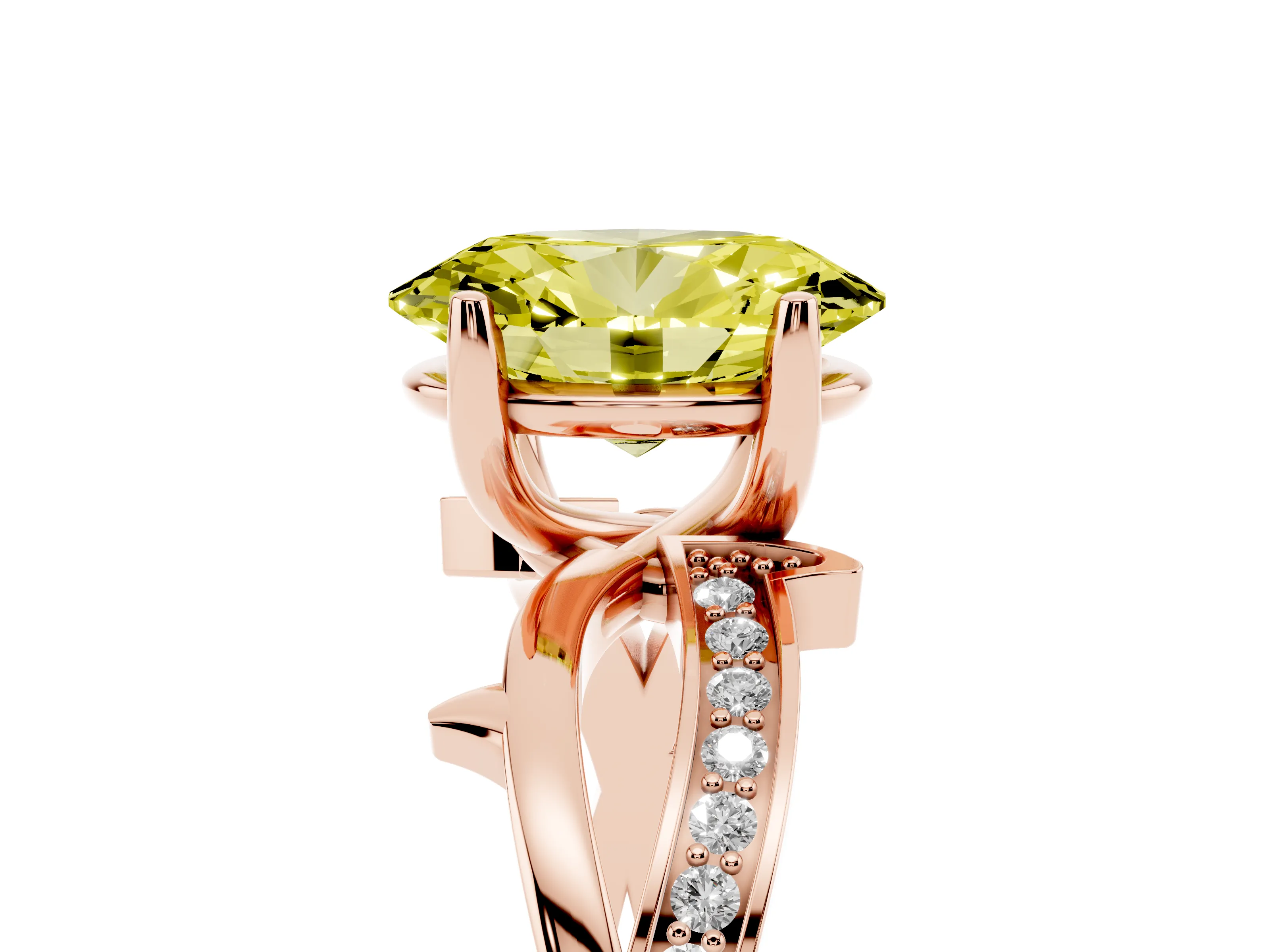 Fancy Yellow Oval Cut Diamond Pavé Twist Band Solitaire Ring Set in Rose gold with Prong Setting