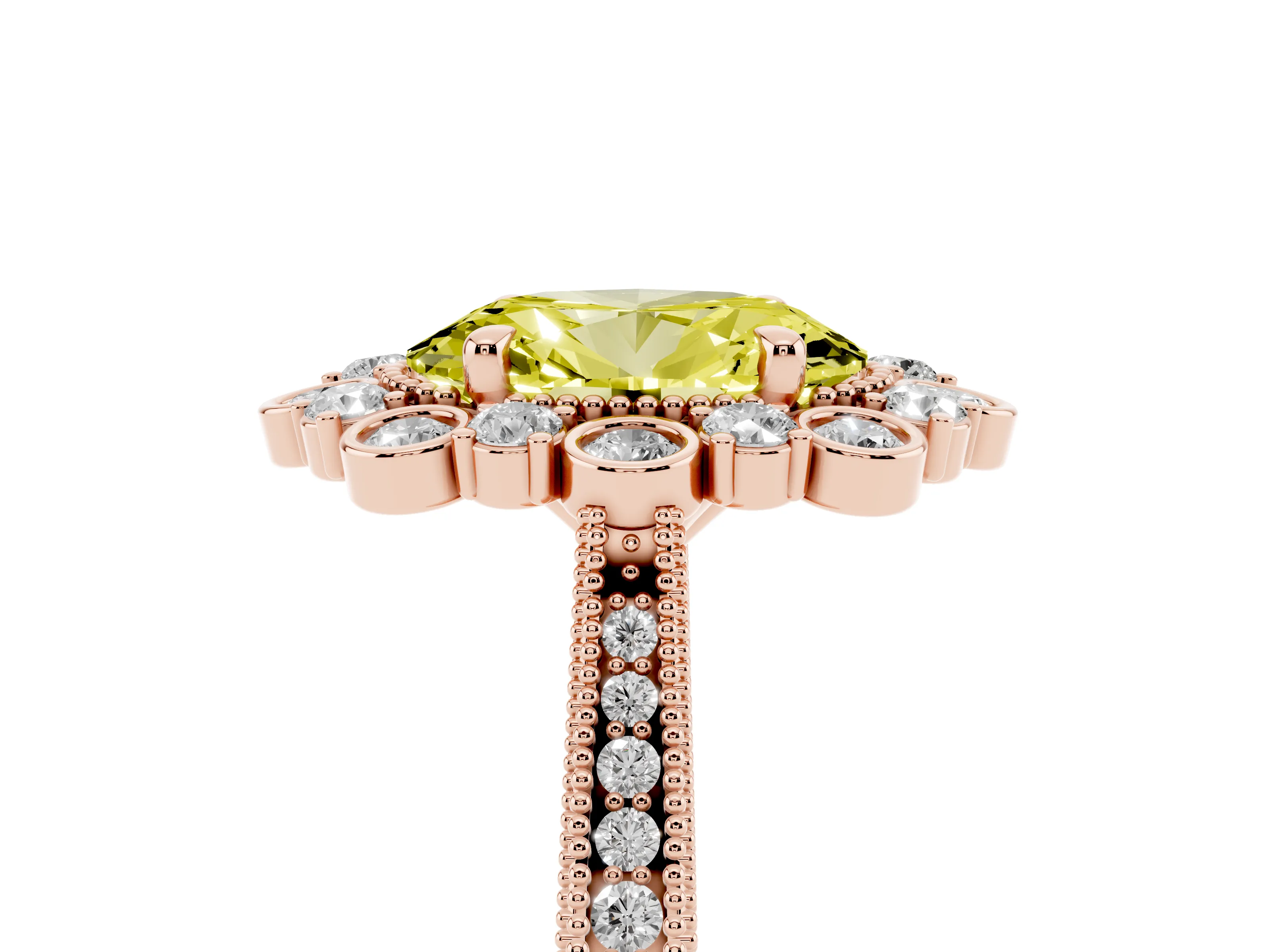 Fancy Yellow Oval Cut Diamond Halo Milgrain Pavé Ring Set in Rose gold with Prong Setting