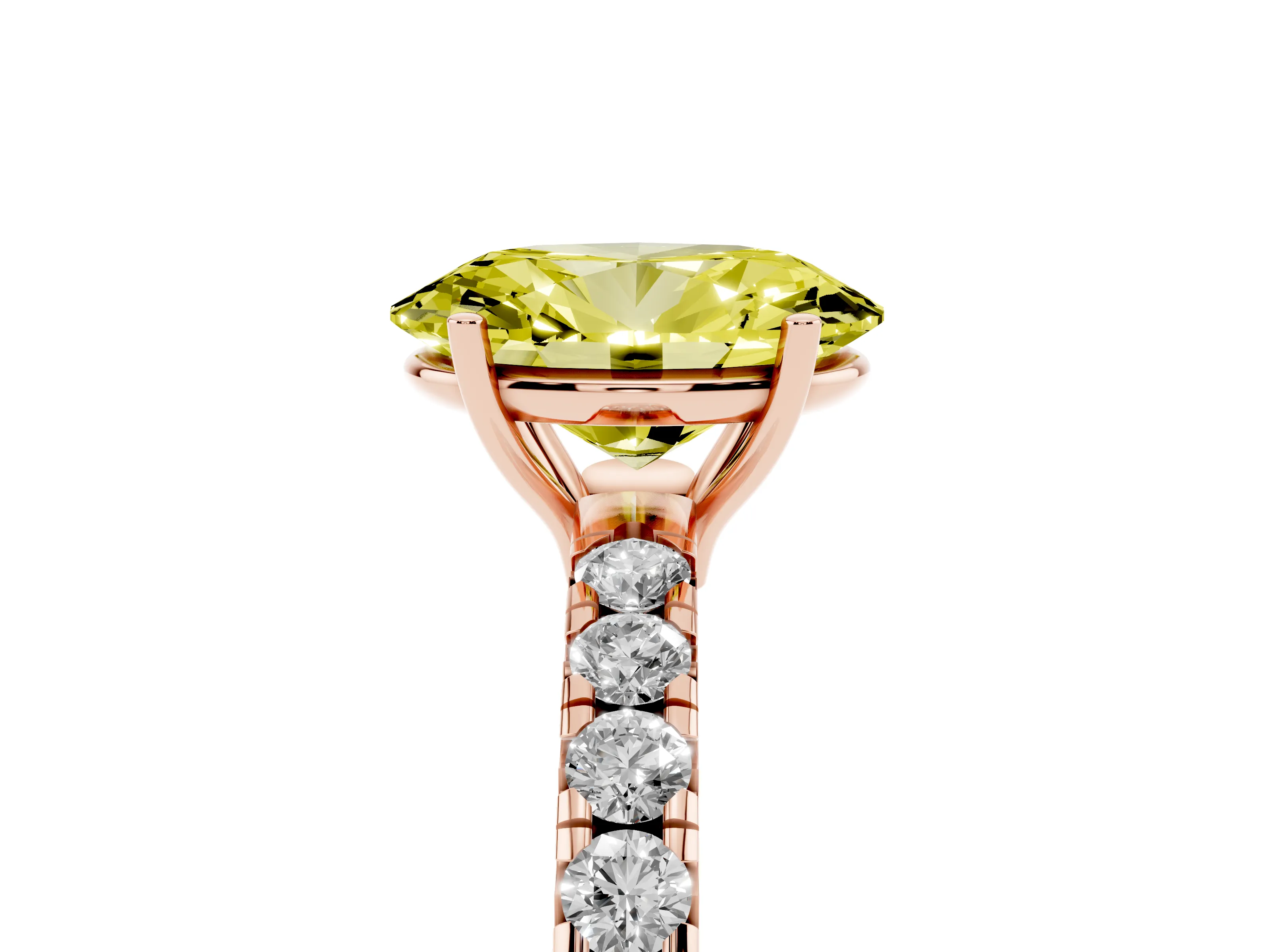 Fancy Yellow Oval Cut Diamond Pavé Solitaire Engagement Ring Set in Rose gold with Prong Setting