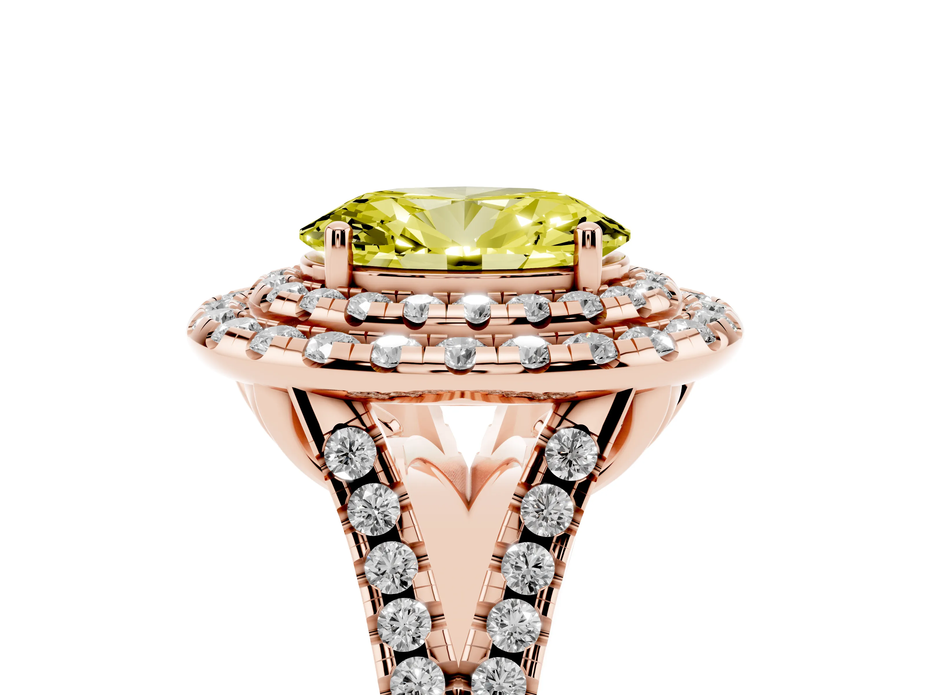 Fancy Yellow Oval Cut Diamond Double Halo Ring Set in Rose gold with Pavé Split Shank and Prong Setting