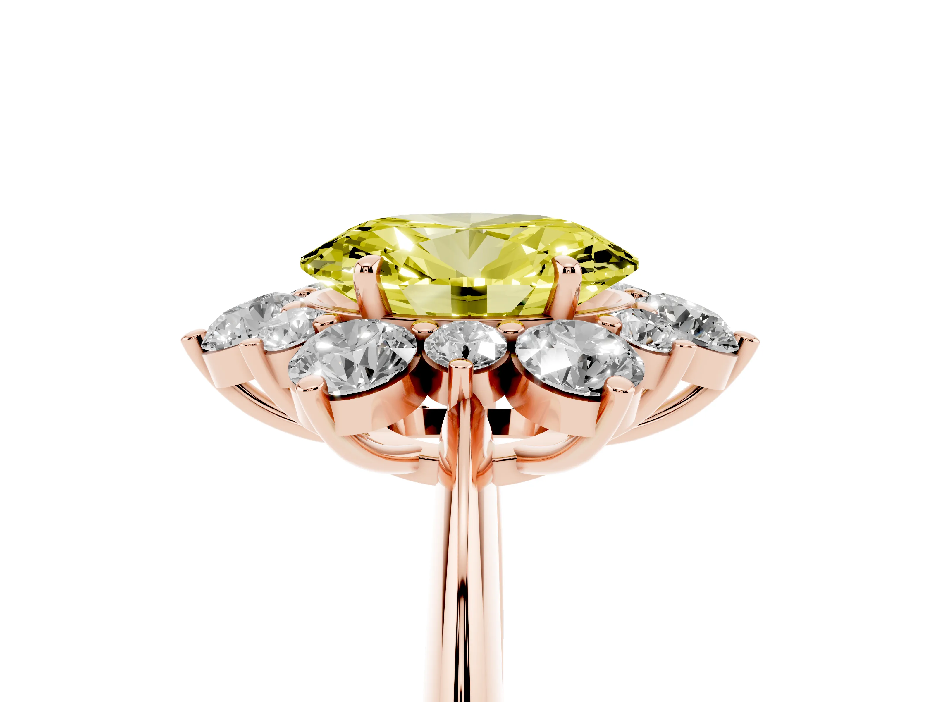 Fancy Yellow Oval Cut Diamond Cluster Halo Ring Set in Rose gold with Solitaire Band and Prong Setting